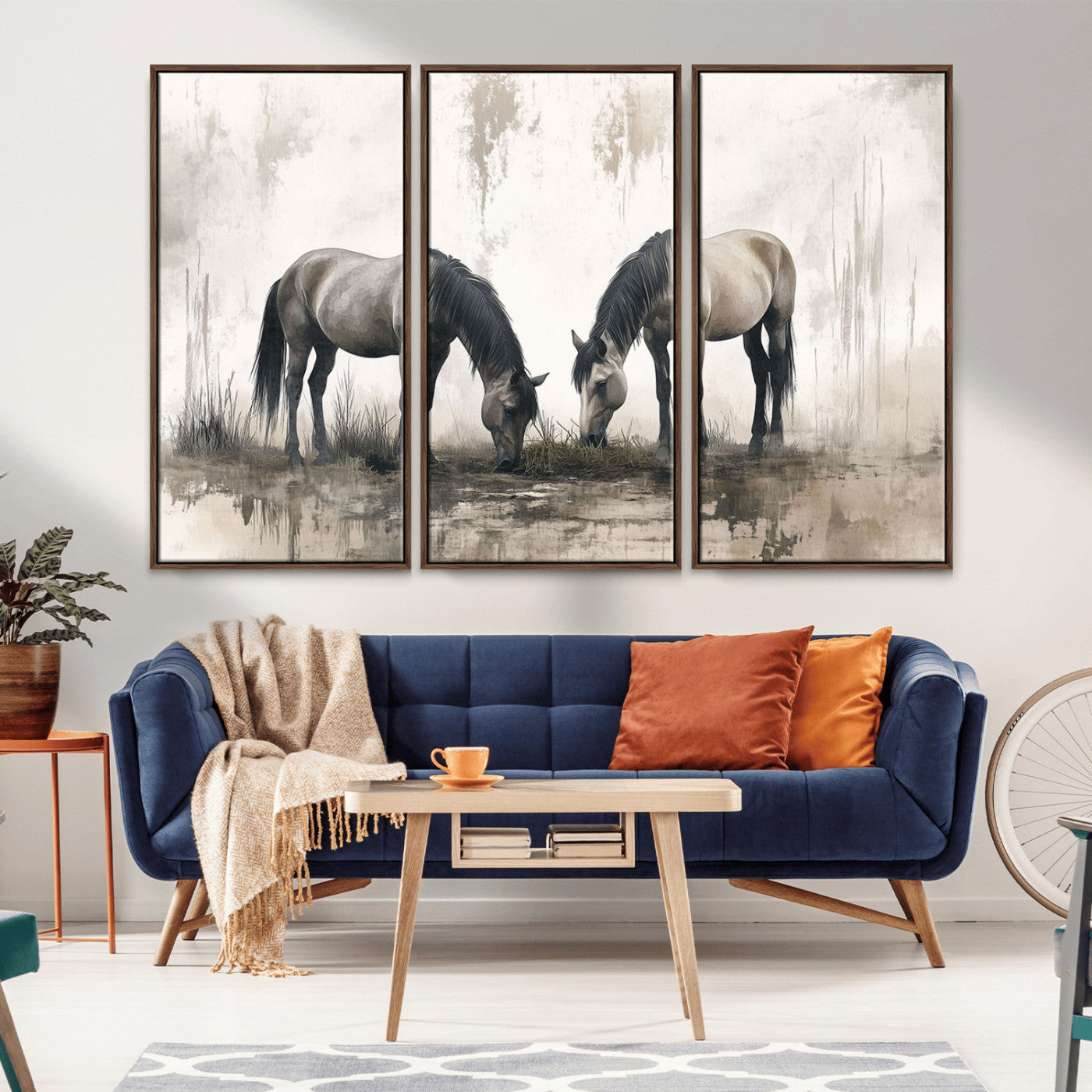 -Chines Ink Style Vintage Horses Wall Art Canvas Print for Farmhouse Wall Decor