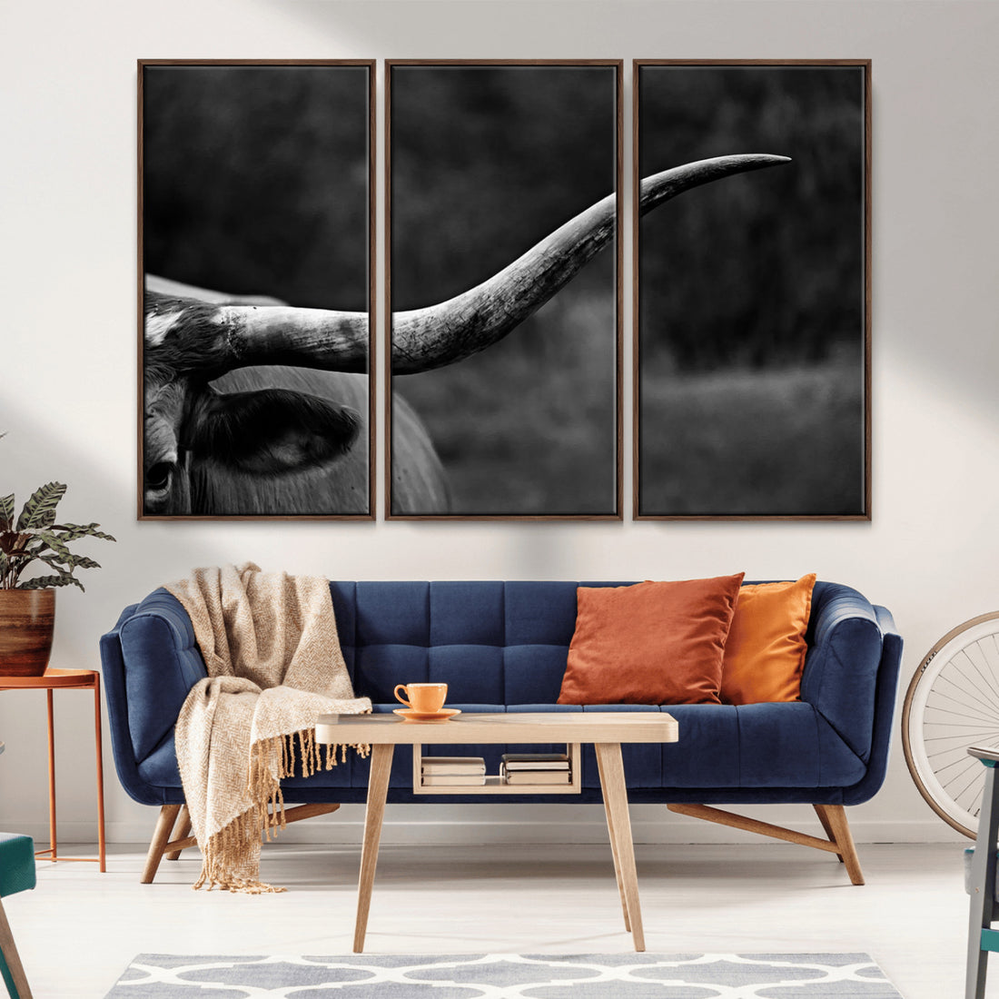 Cow Longhorn Wall Art, Black and White Print, Ready to Hang