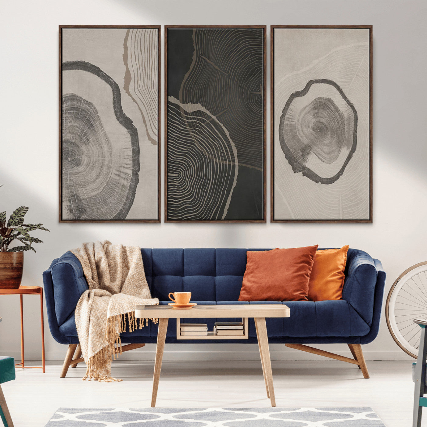 25407-MGV-CV-36X24-Modern Abstract Tree Ring Canvas Art Set | 3 Panel Large Tree Ring Design for Living Room, Office,
