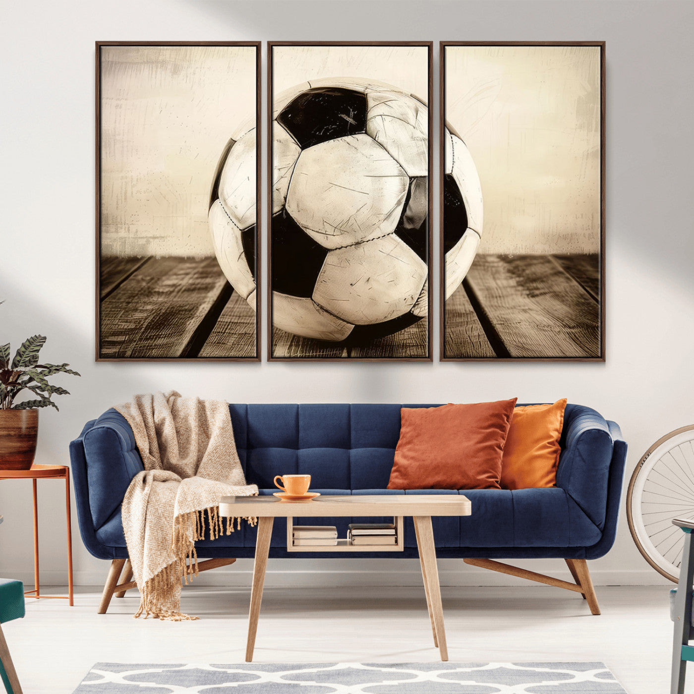 -Vintage Soccer Ball Wall Decor Canvas Art – 3-Panel Soccer Wall Decor, Framed and Ready to Hang