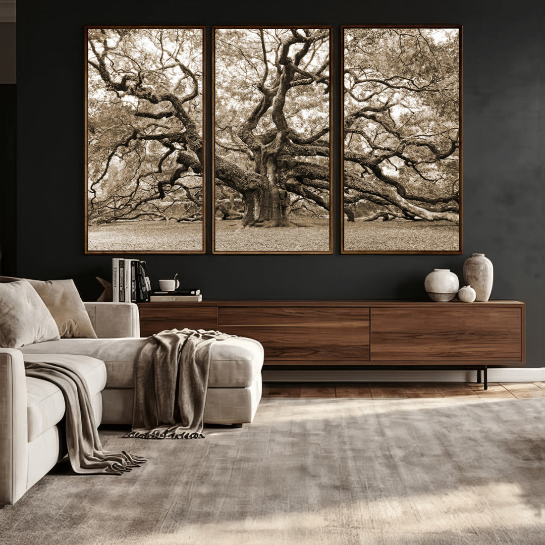 Sepia Framed Angel Oak Tree Wall Art, 3 Panel Canvas Prints