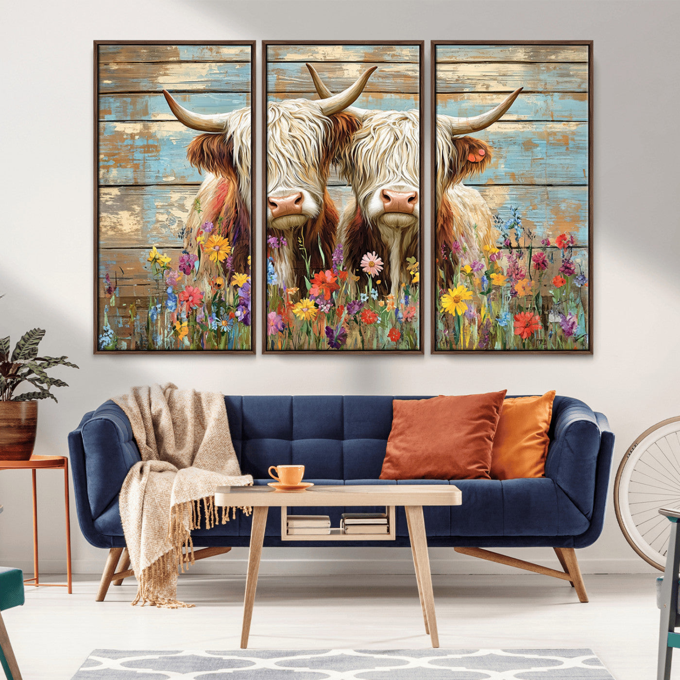 -Cute Highland Cow Canvas Wall Art - Rustic Farmhouse Decor with Colorful Flowers Perfect Wall Art