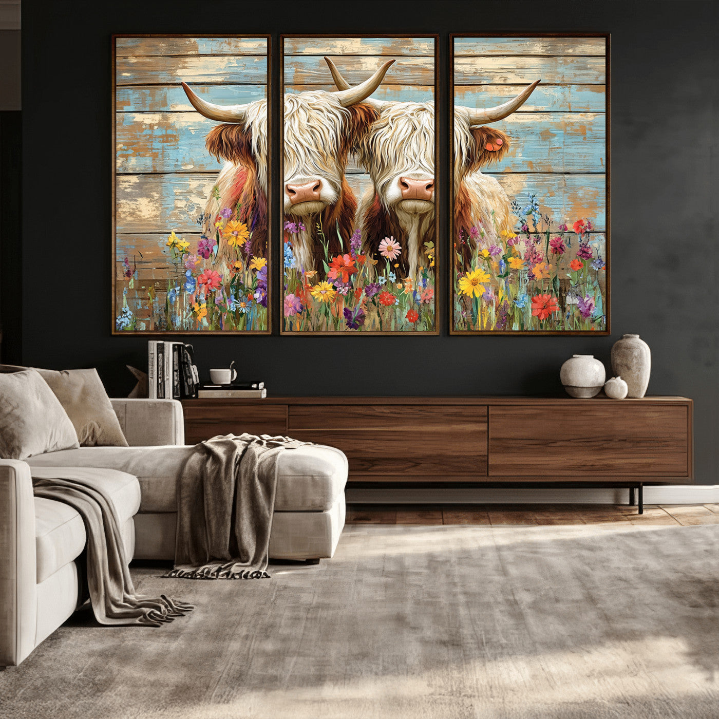 36972-MGV-CV-36X24 - Cute Highland Cow Canvas Wall Art - Rustic Farmhouse Decor with Colorful Flowers Perfect Wall Art