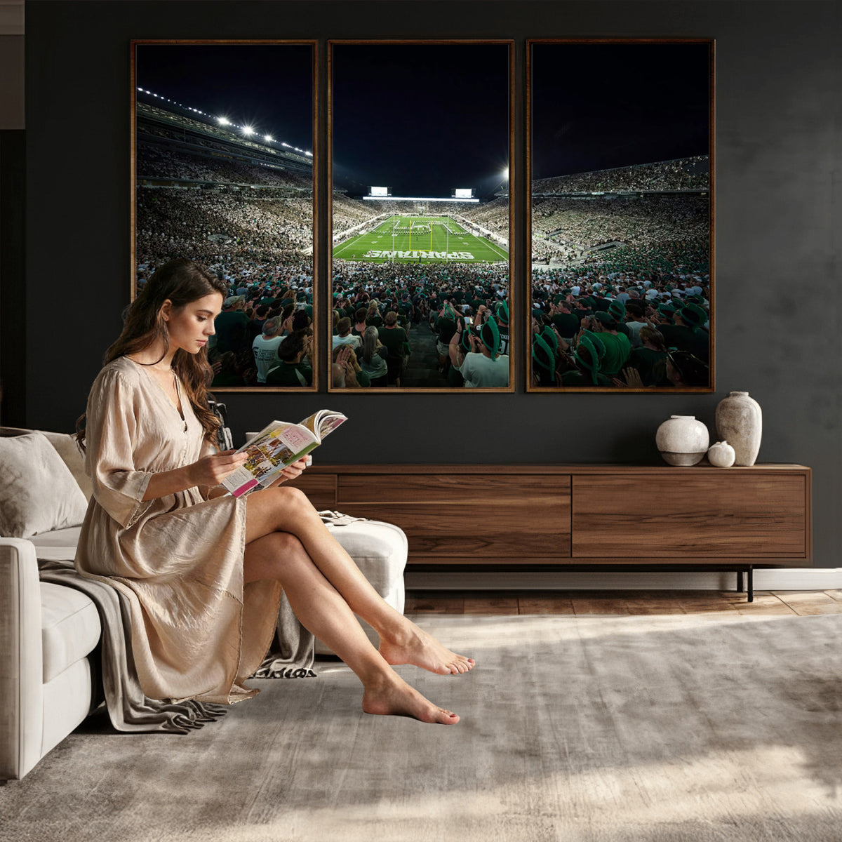 57523-PAN-FL-20X10 - Framed Michigan State Spartans Football Team Print - East Lansing Spartan Stadium Wall Art Canvas