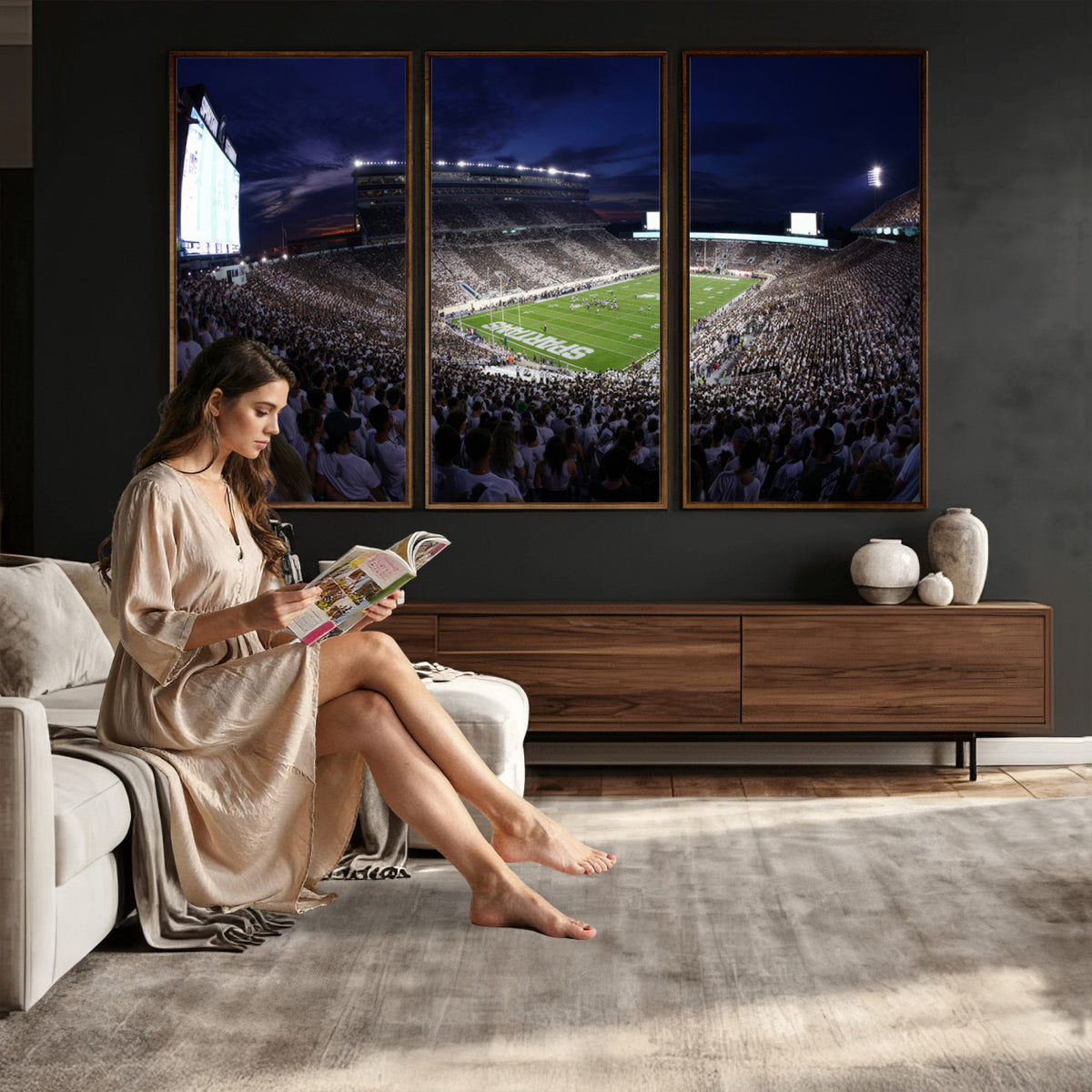75193-PAN-FL-20X10 - Michigan State Spartans Canvas, Framed Football Team Print - East Lansing Spartan Stadium Wall Art