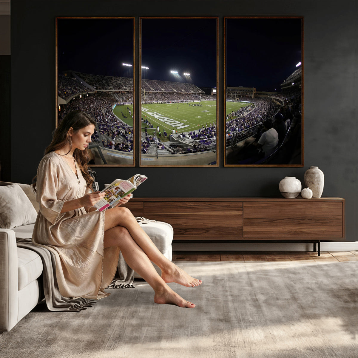 59222-PAN-FL-20X10 - TCU Horned Frogs Football Team Print - Fort Worth Amon G. Carter Stadium Wall Art Canvas Print.