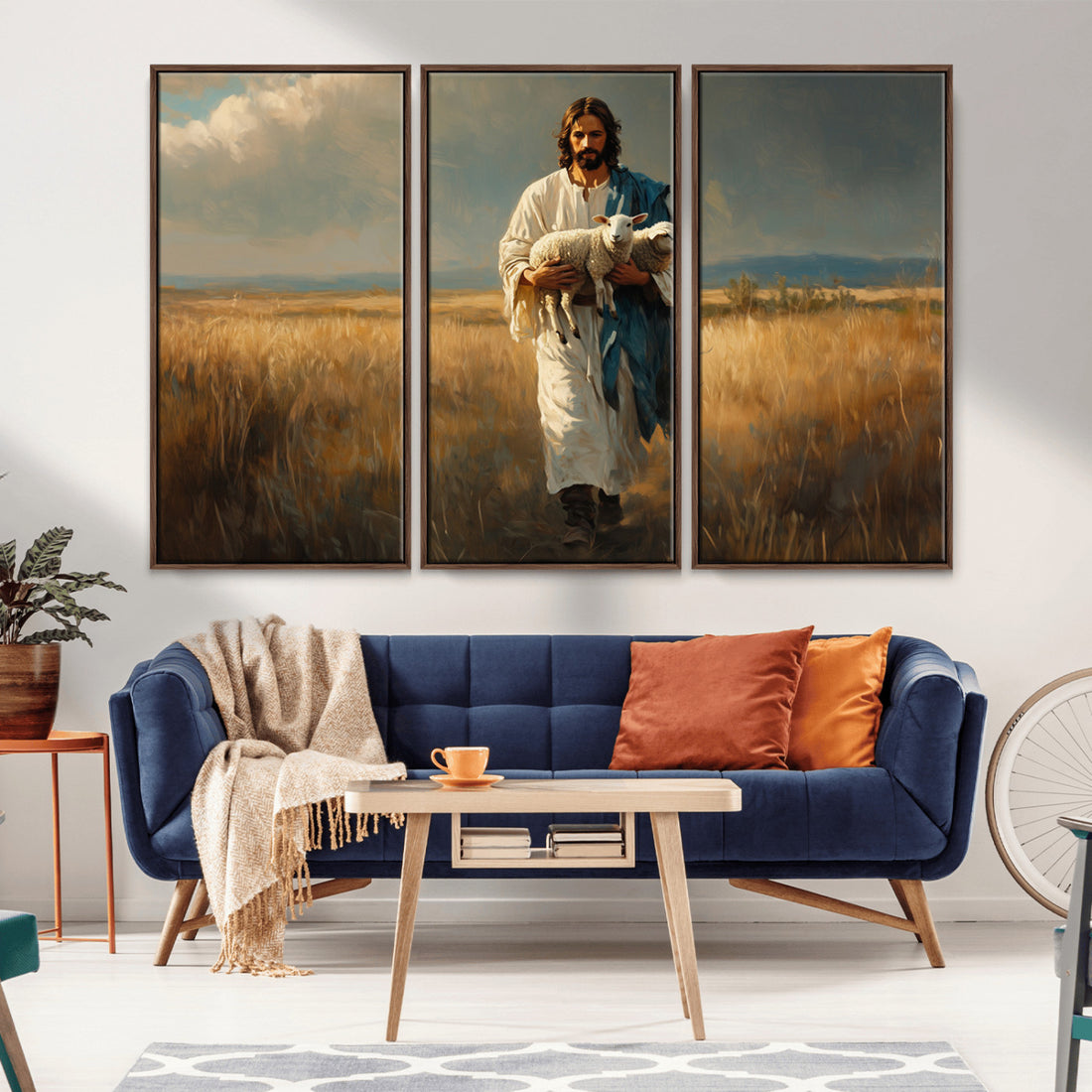 Jesus Shepherd Wall Art | Triptych Canvas of Jesus Holding a Lamb in a Field