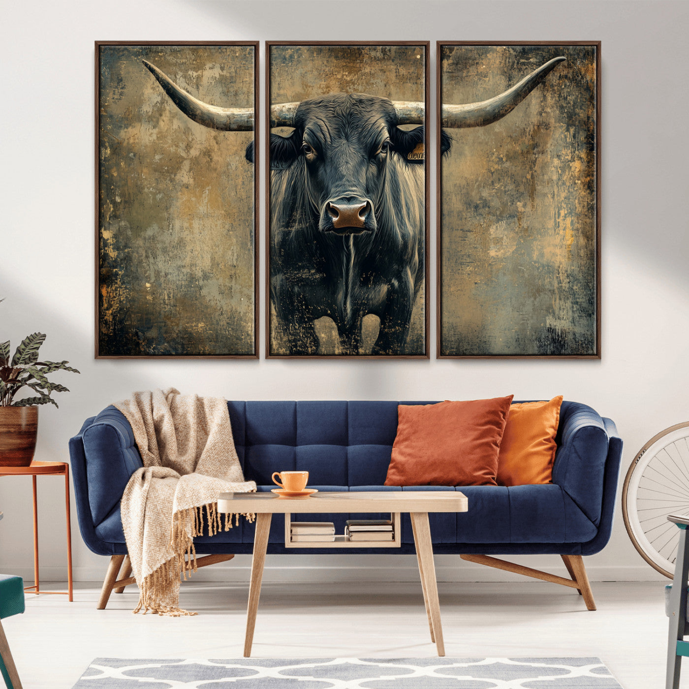 -Texas Longhorn Bull Wall Art – Framed Rustic Cow Canvas Print, Western Farmhouse Decor Artwork for Living Room or Office