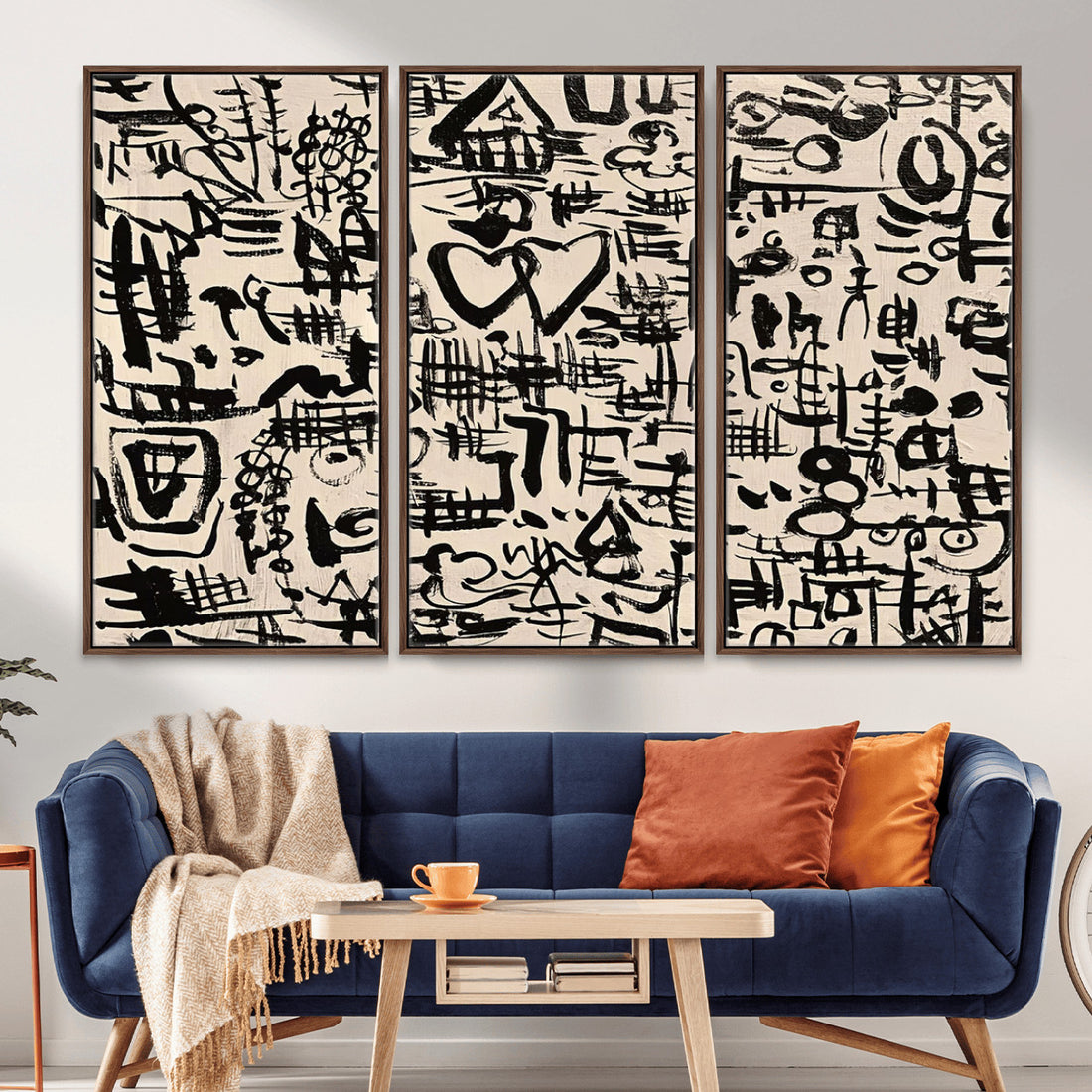 Abstract Love and Chaos Canvas Print, Black Symbols on Beige