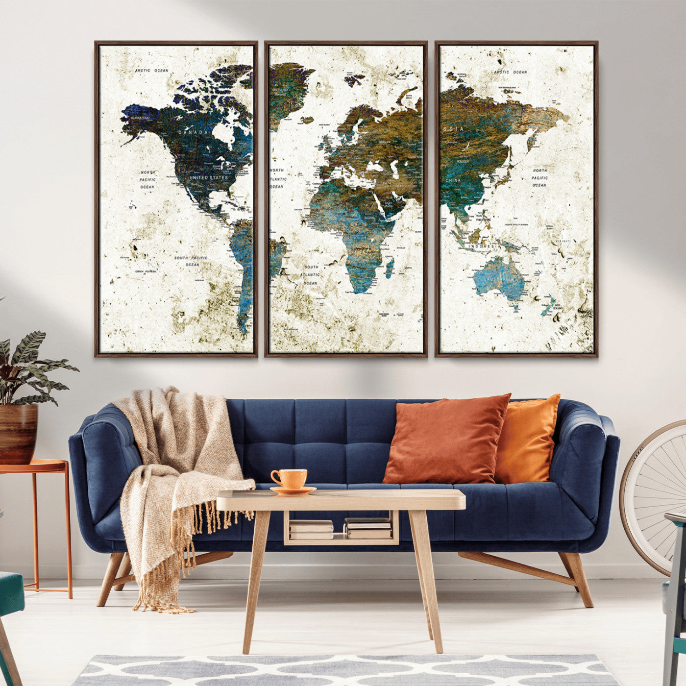 89176-MGV-CV-36X24-Vintage Blue and Brown World Map Canvas Wall Art – Framed Rustic Map Print, Earth Tone Travel Decor for Stylish Home and Office Walls
