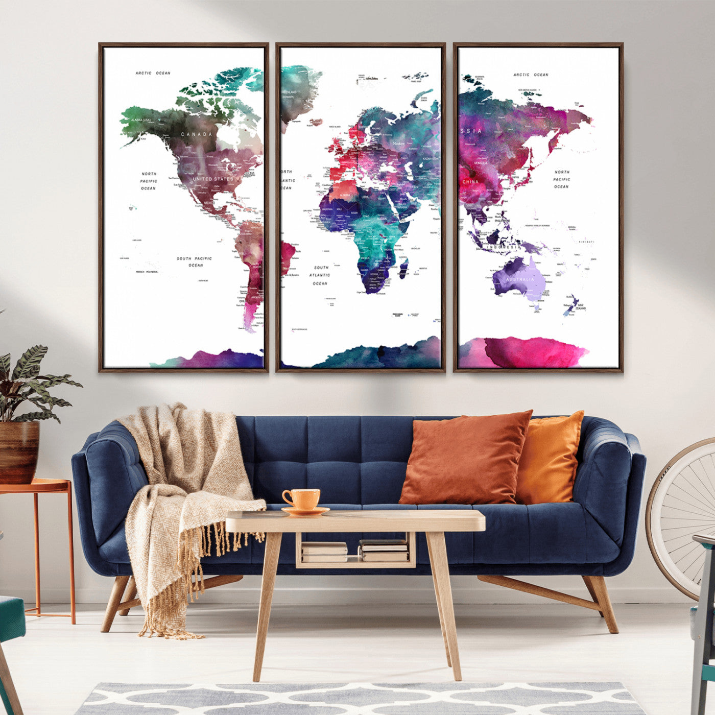 78176-MGV-CV-36X24-Colorful Watercolor World Map Canvas Wall Art – Framed Modern Map Print, Vibrant Travel Inspired Artwork for Home and Office Decor