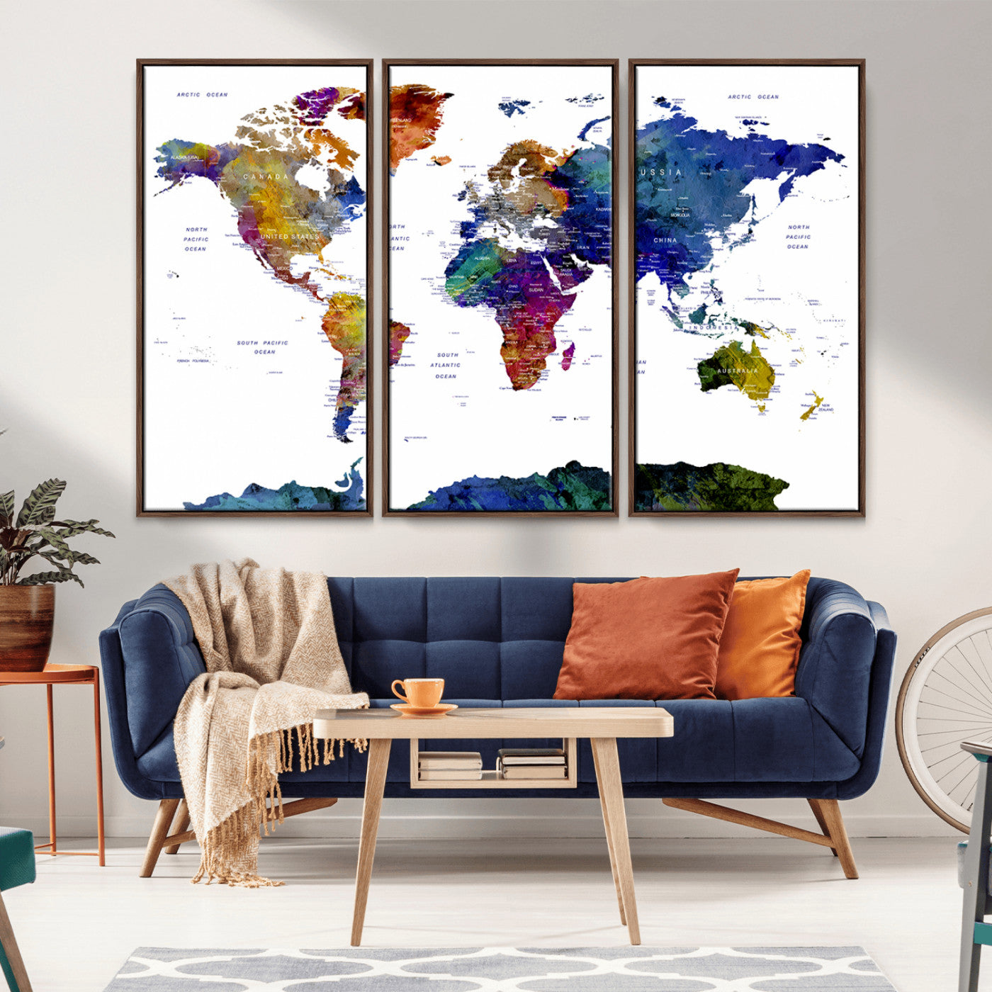 90446-MGV-CV-36X24-Colorful Watercolor World Map Canvas Wall Art – Framed Modern Push Pin Travel Map for Home and Office Decor