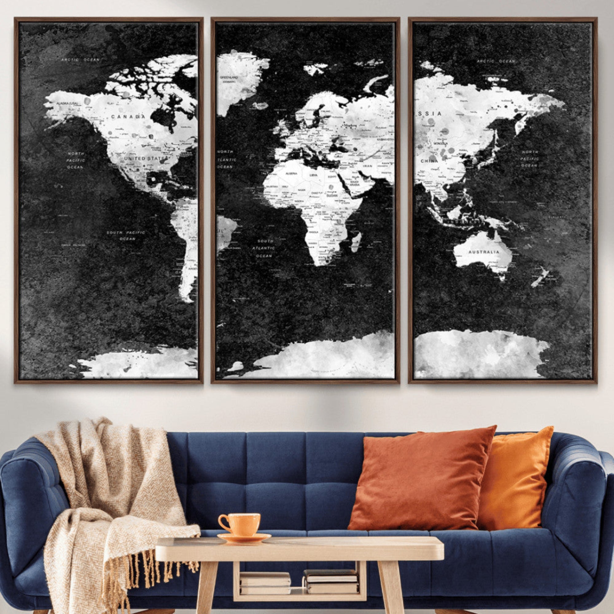 90682-MGV-CV-36X24-Black and White World Map Canvas Print – Framed Push Pin Wall Art for Couples, Modern Minimalist Travel Map for Elegant Home and Office Decor