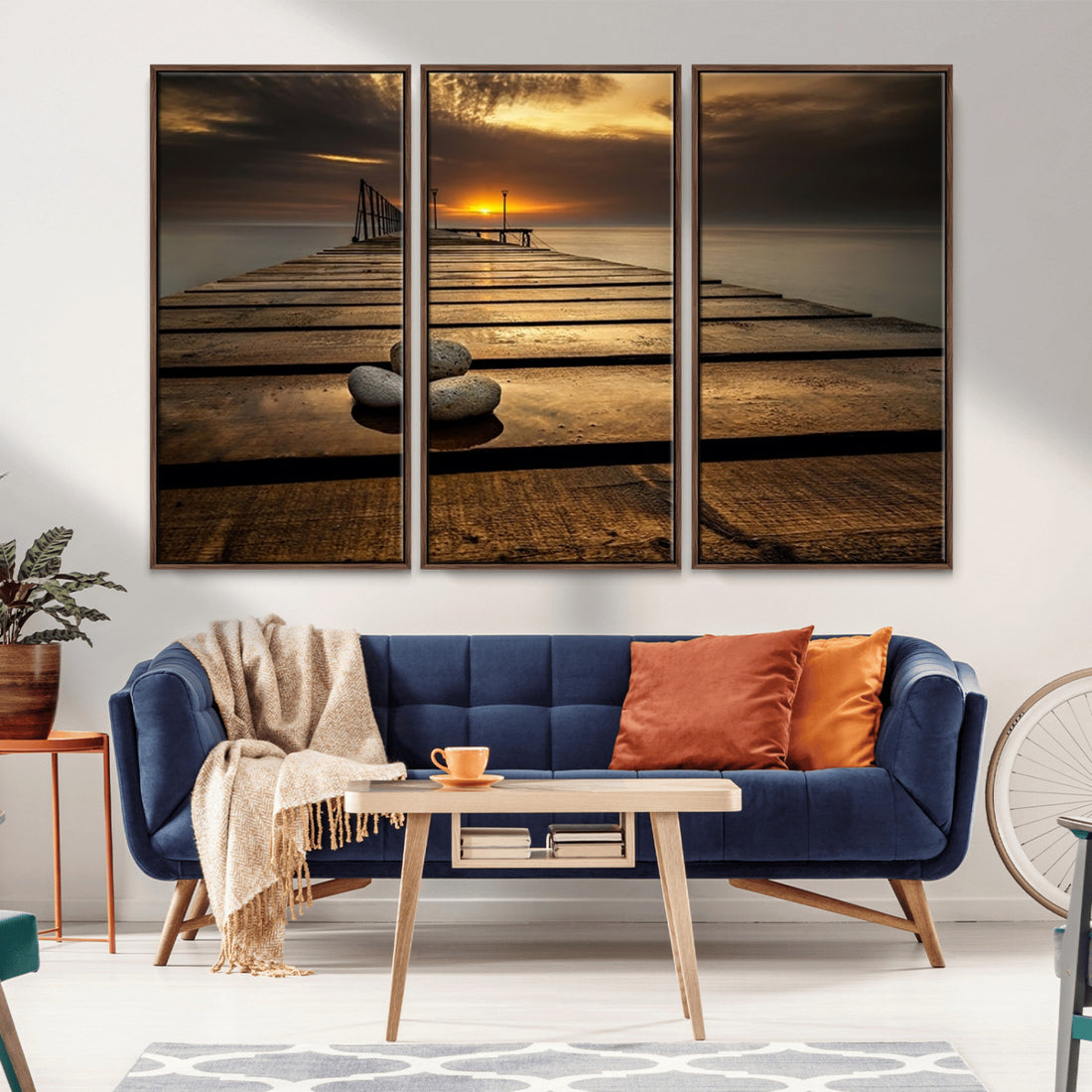 Stones on Wooden Pier at Sunset Canvas Print, Serene Coastal Wall Art