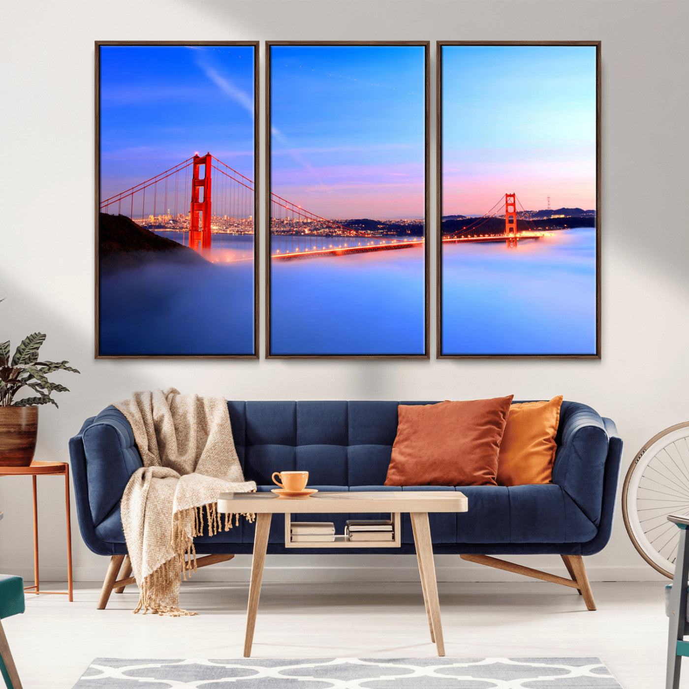 MGV-FC-48X32-3P - Golden Gate Bridge Wall Art Print, San Francisco Sunset Canvas Wall Art, Cityscape Canvas Print for