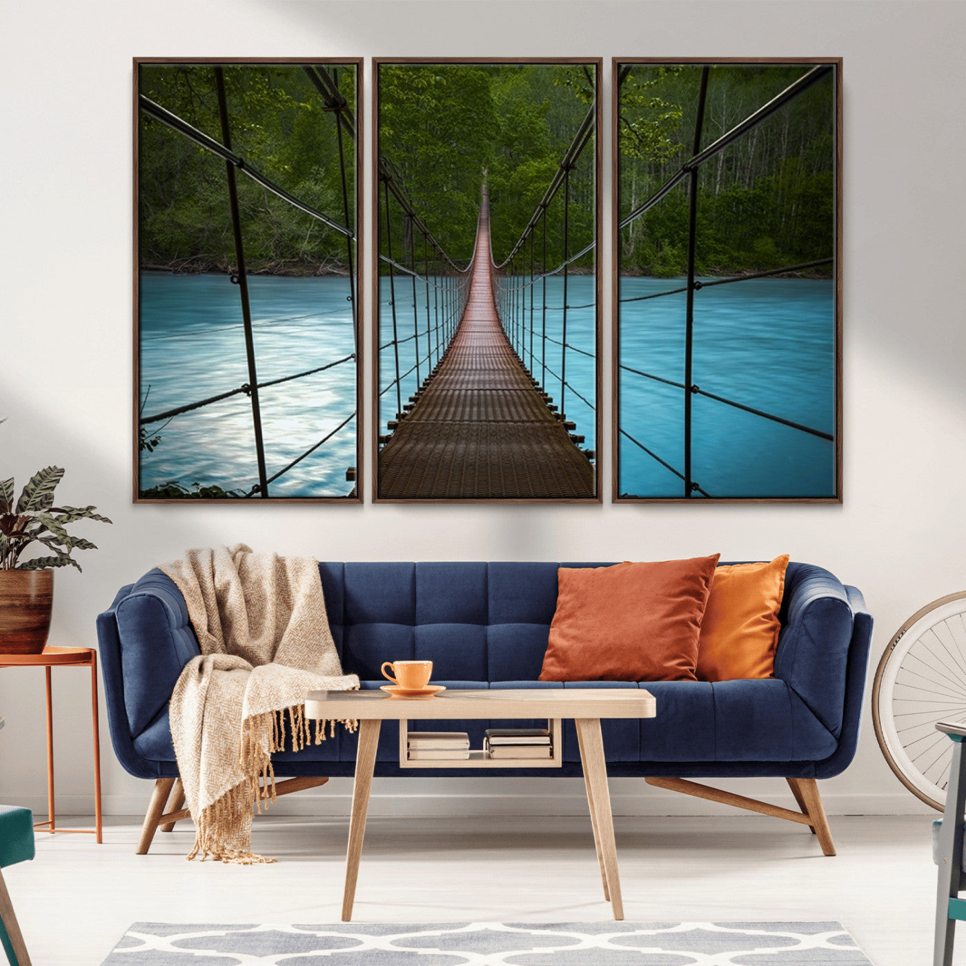 -Suspension Bridge Over River Canvas Art | 3-Panel Nature Photography | Scenic Wall Art for Living