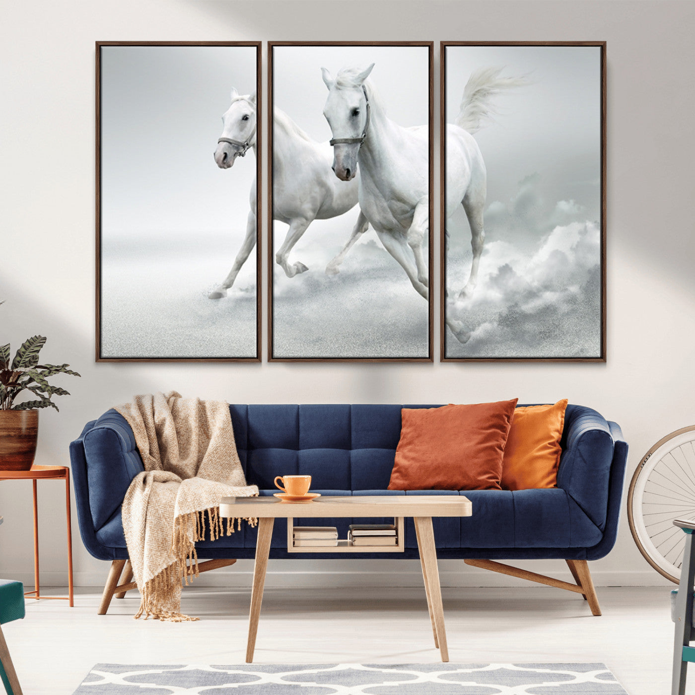 -Large Wall Art Canvas Print – Beautiful Running White Horses Animal Artwork for Home, Office, Living Room