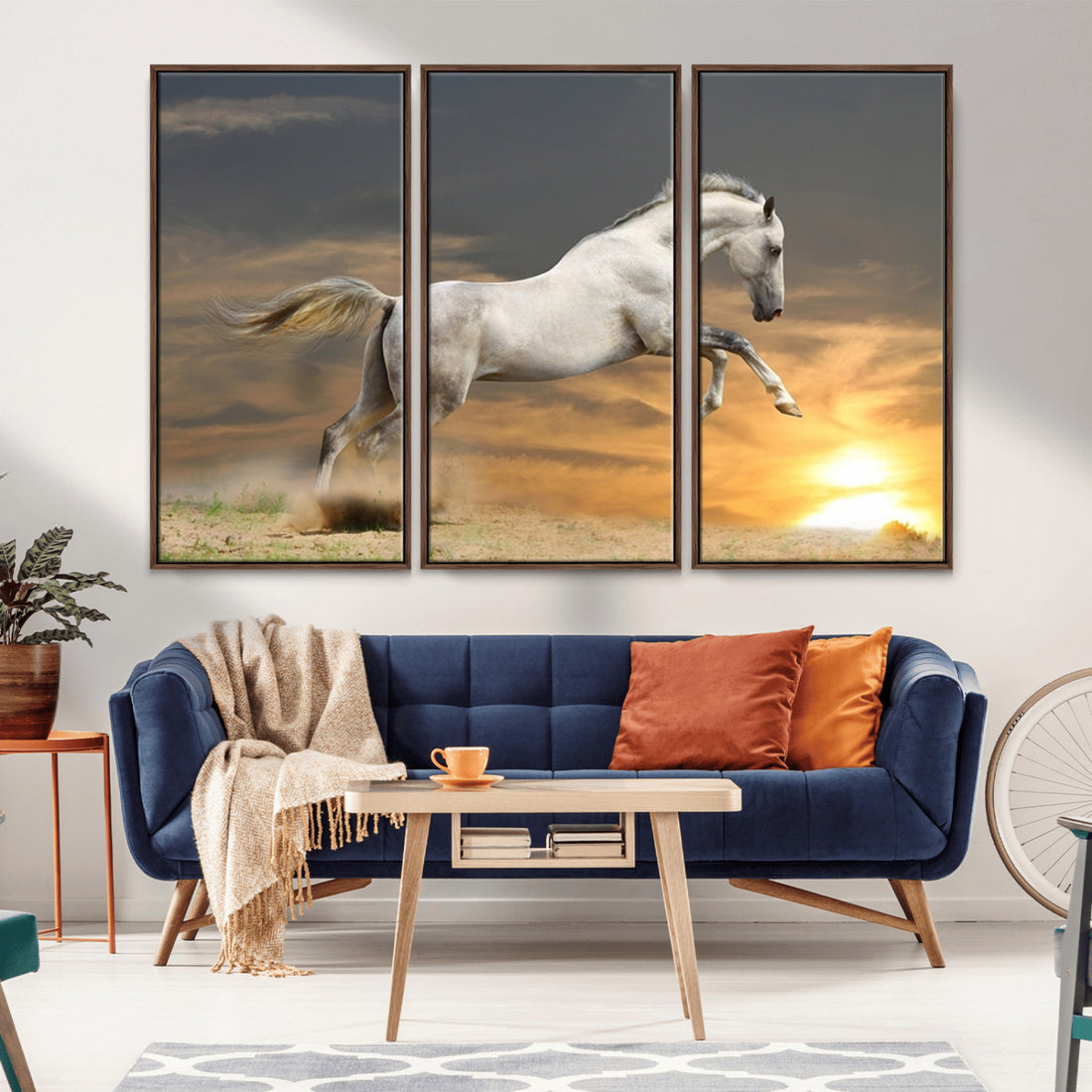 Large Wall Art Canvas Print, White Jumping Horse at Sunset