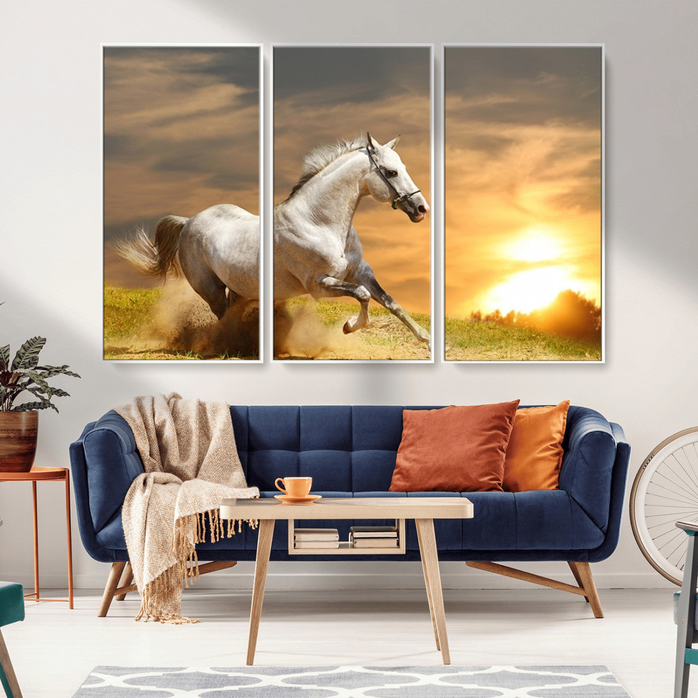 -Large Wall Art Galloping White Horse at Sunset Canvas Print