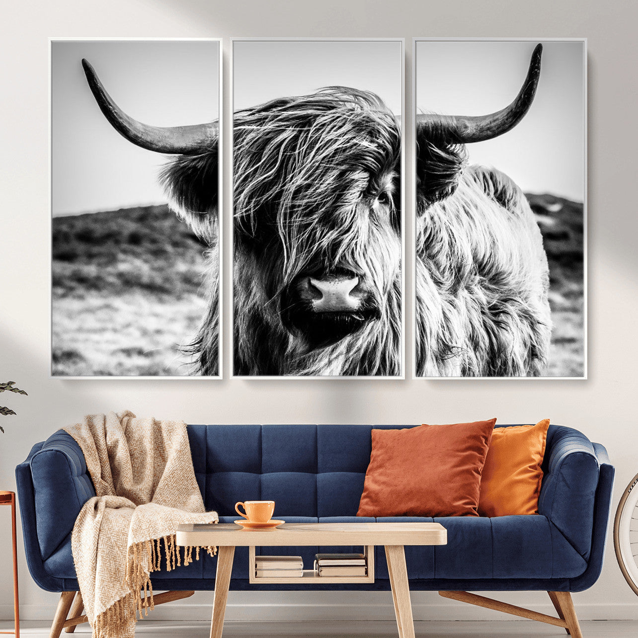 36979-MGV-CV-36X24 - Handsome Scottish Cow Black and White Wall Decor Canvas Art Print Extra Large Wall Art Highland Cattle Canvas Picture Animal Art Nature Photography High Quality Original Canvas Framed Ready to Hang