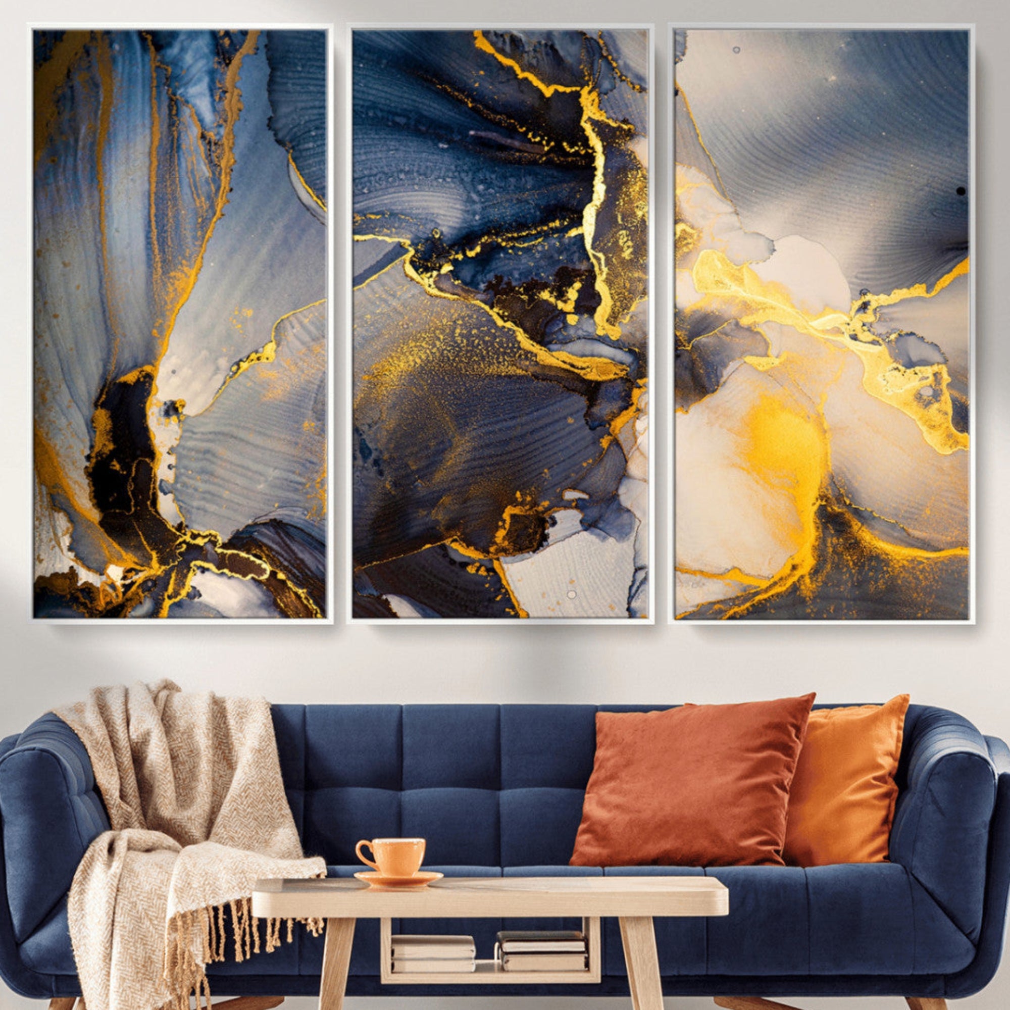 42100-MGV-CV-36X24-Large Abstract Wall Art Print - Gold and Blue Abstract Canvas Wall Art | Fluid Ink Modern Luxury