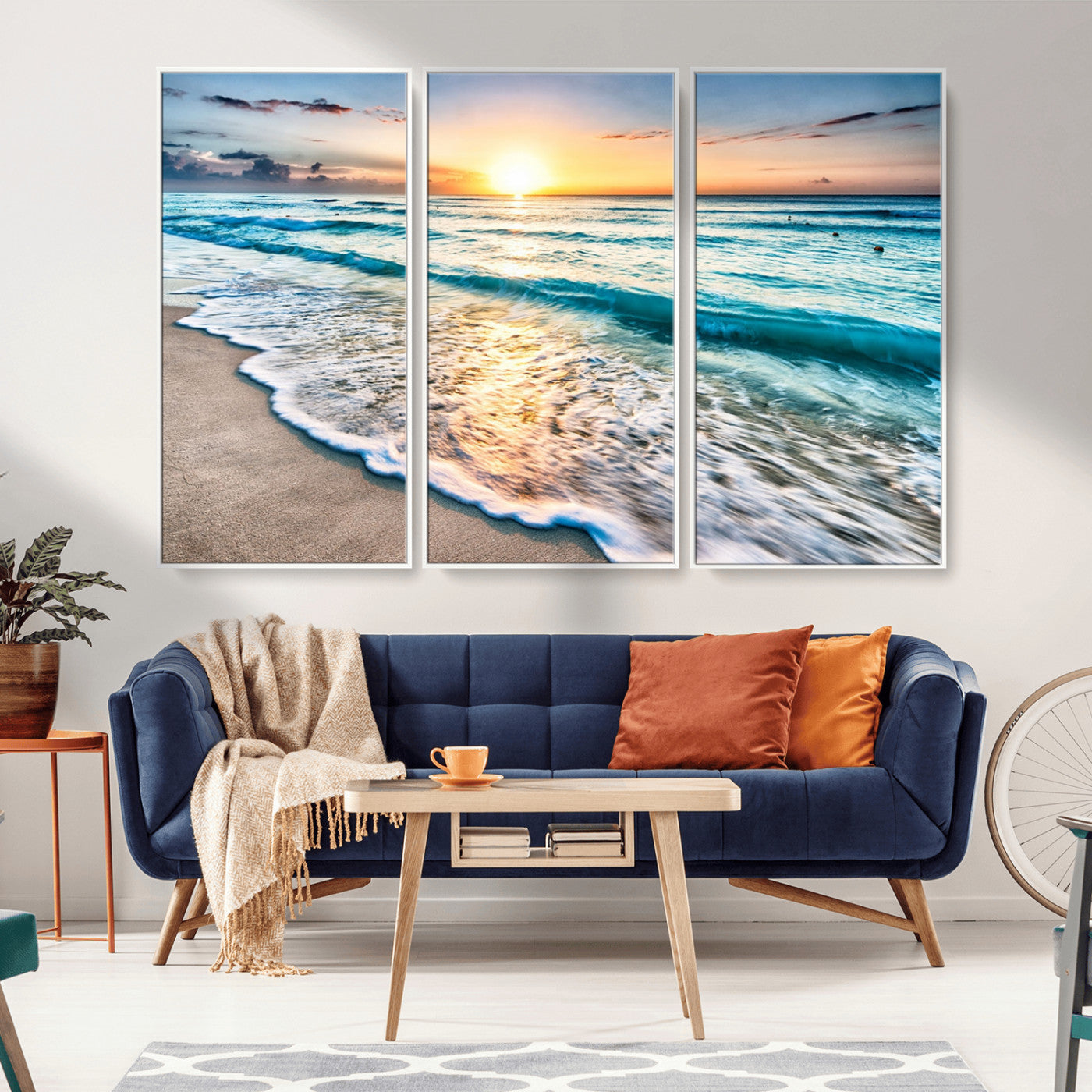 27815-MGV-FC-48X32-3P_White-Sunset Beach Waves Canvas Wall Art – 5-Panel Ocean Sunset Print – Coastal Decor for Living Room or