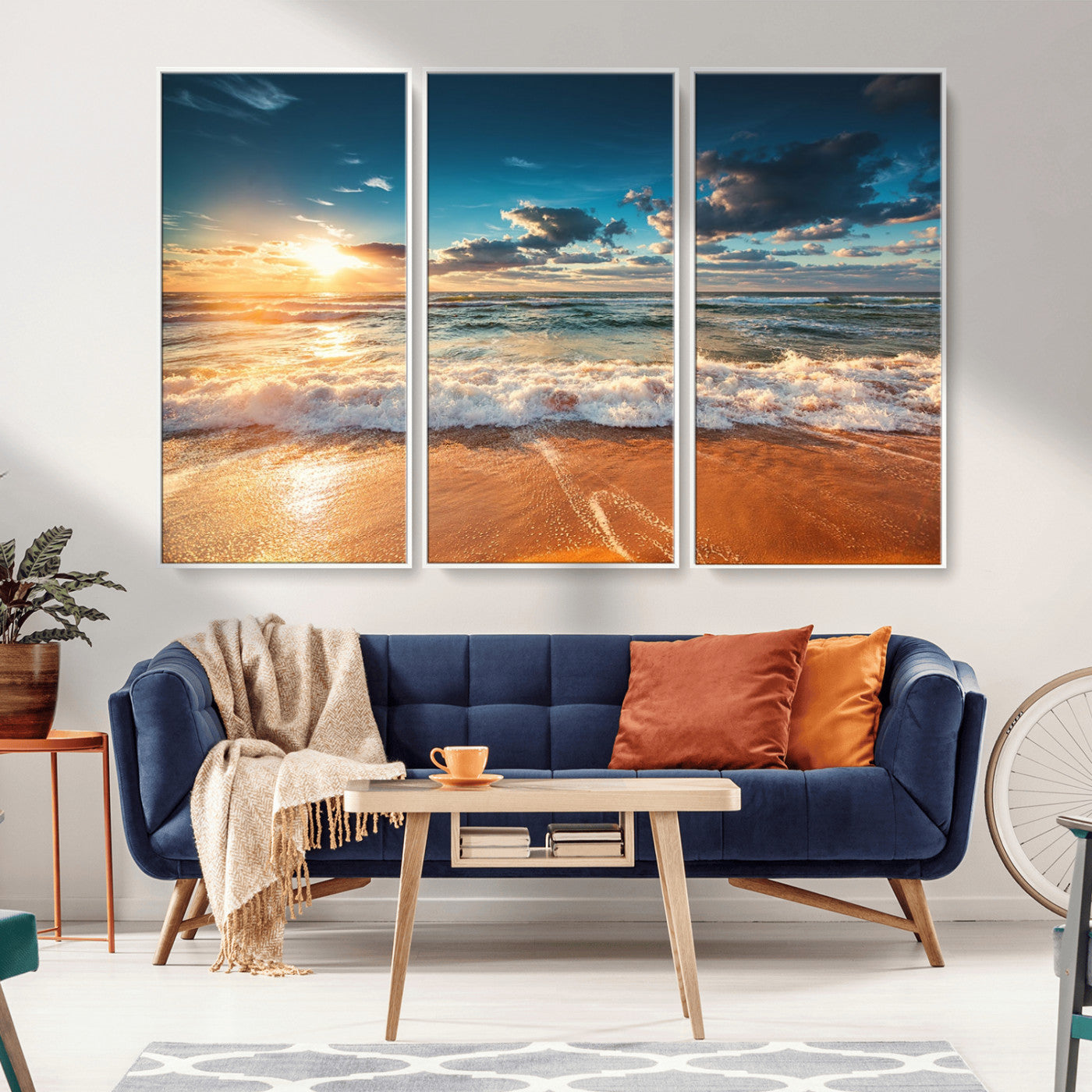 -Golden Sunset Beach Triptych Canvas Art, Giclee Coastal Wall Decor, Ocean Waves Print, Modern Beach
