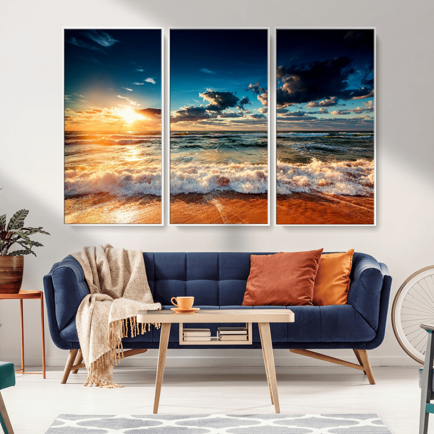 -Golden Hour Sunset Over Ocean Waves Wall Art Canvas Print | 3 Panel Coastal Landscape Canvas Wall