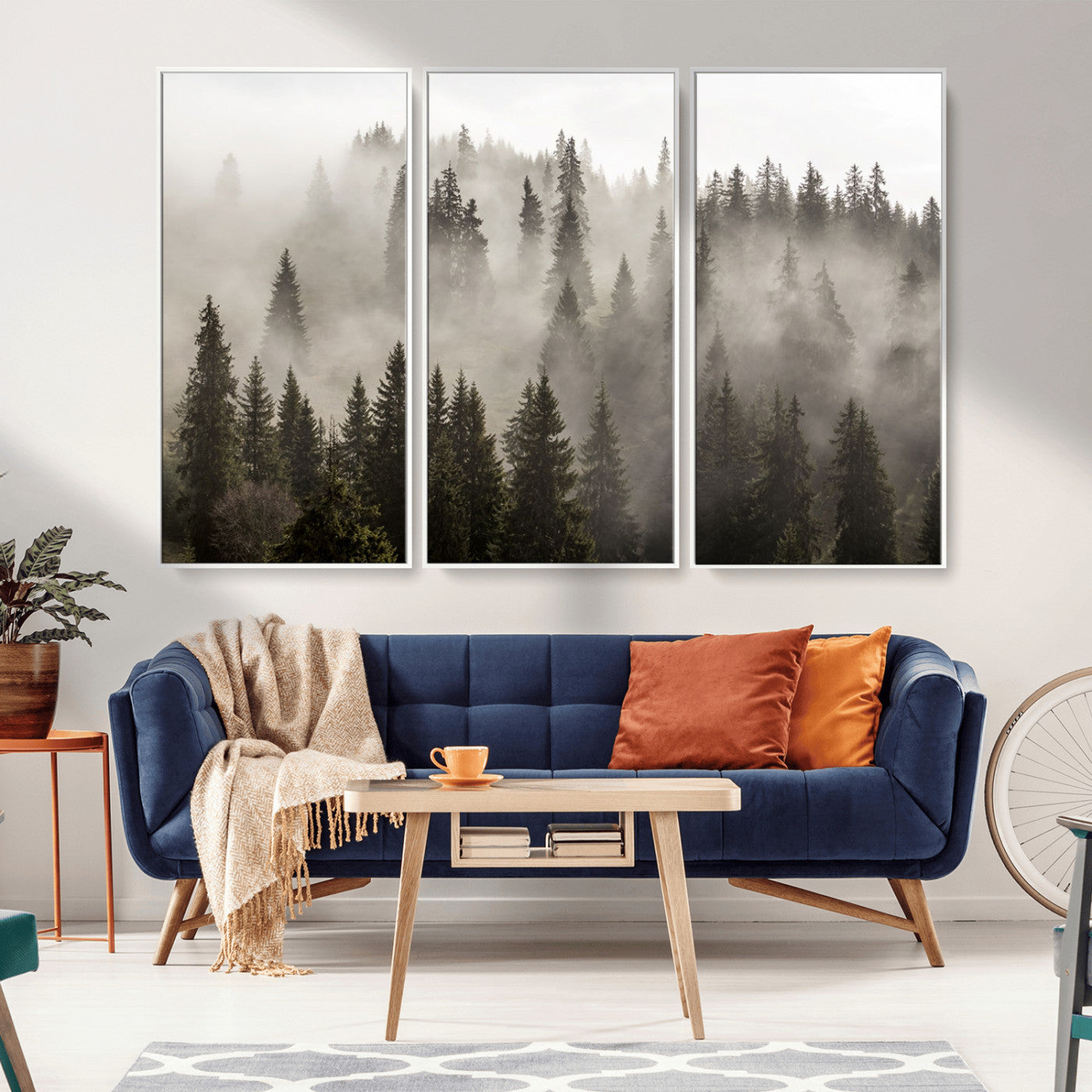 62862-MGV-CV-36X24-Foggy Mountain Wall Art | 3-Panel Foggy Forest and Mountain Landscape | Large Giclee Print for