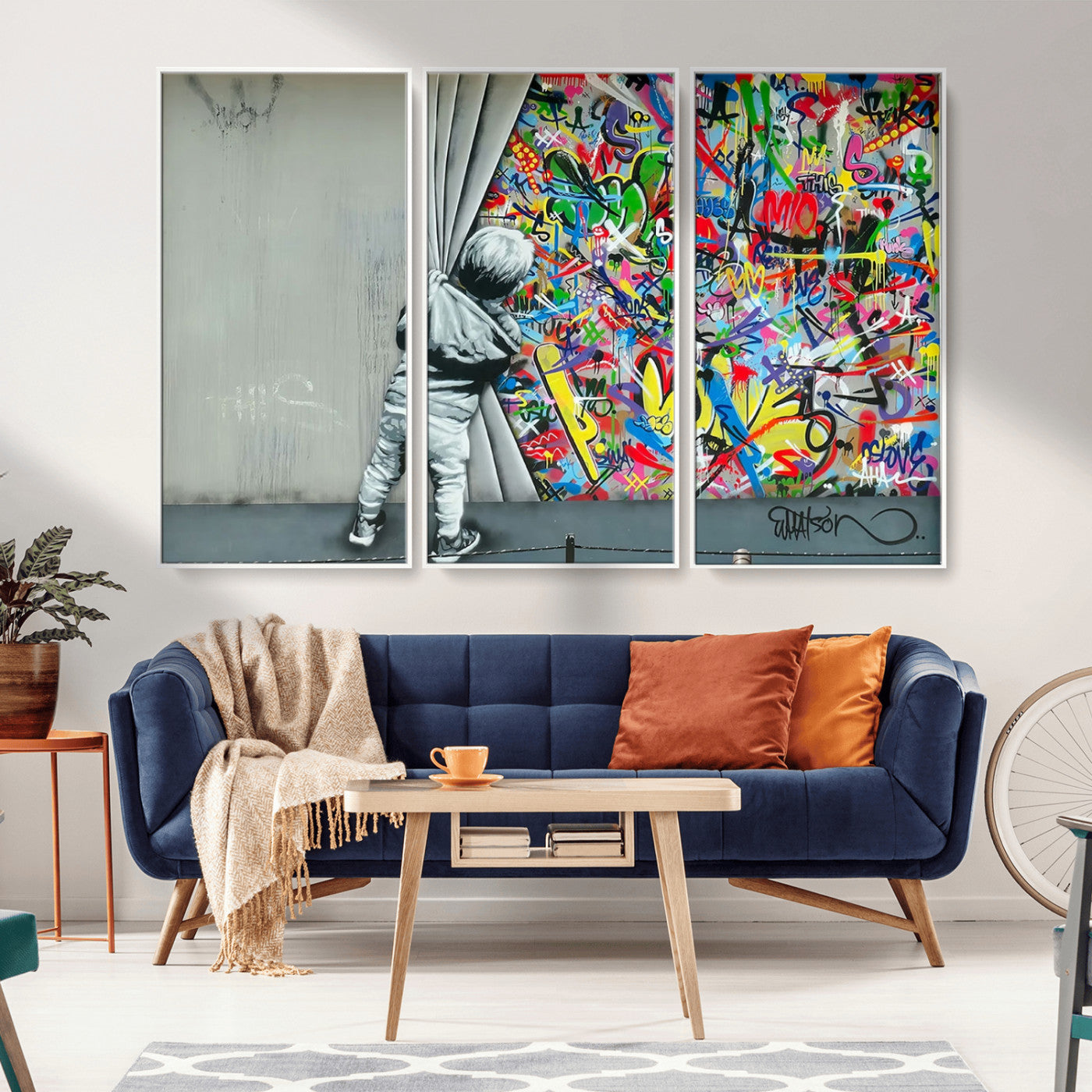 -Banksy Colorful Street Graffiti Canvas Wall Art Print, Modern Art Triptych, Child and Graffiti Wall,