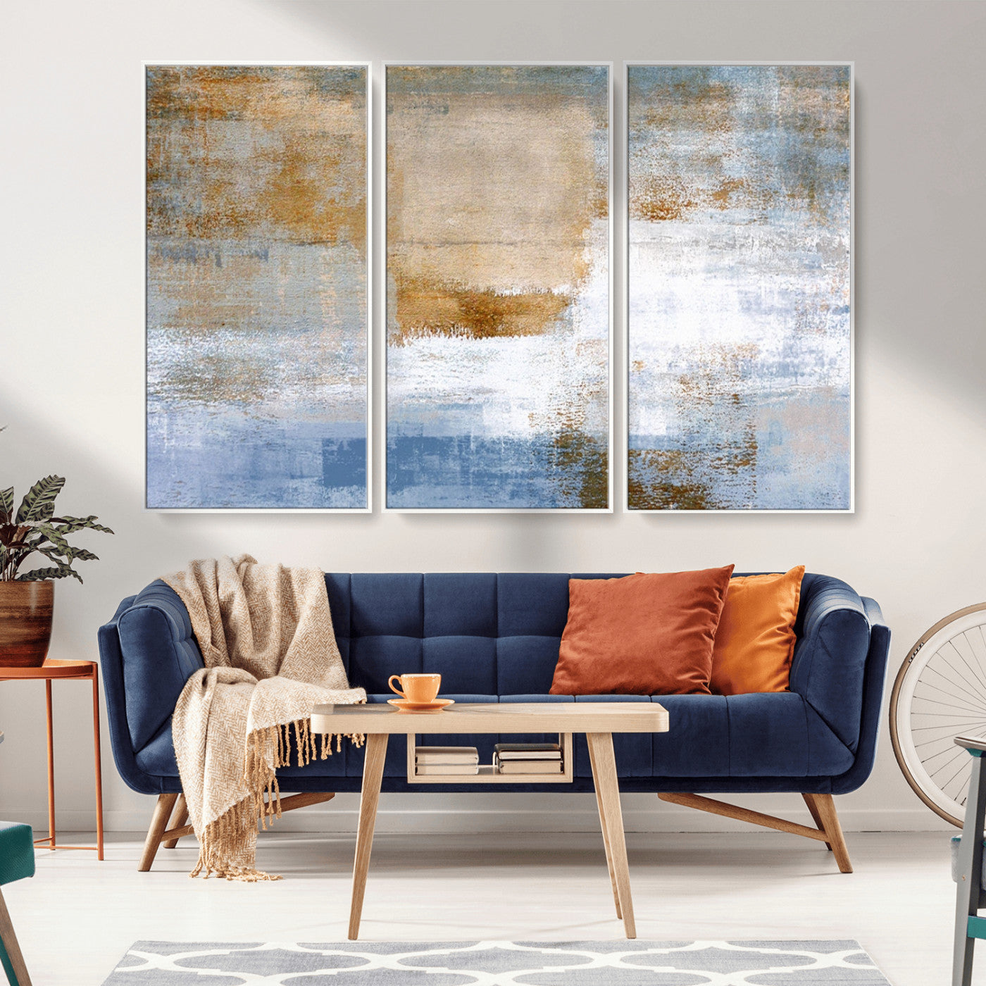 72354-MGV-CV-36X24-Blue Multi Panel Abstract Wall Art Canvas, Abstract Blue and Gold Canvas Print