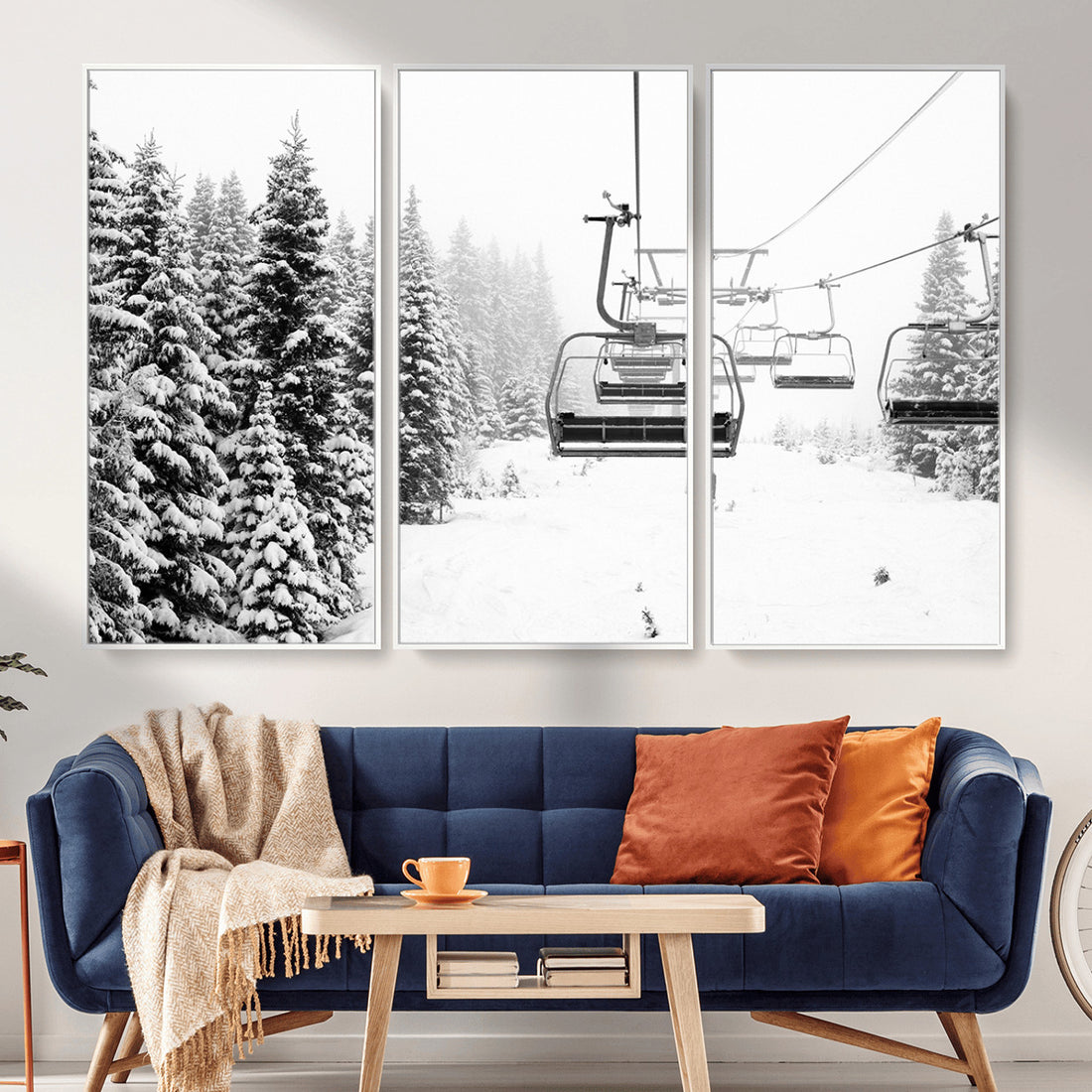 Winter Forest Wall Art Canvas Print | Framed Snowy Mountain with Ski Lift