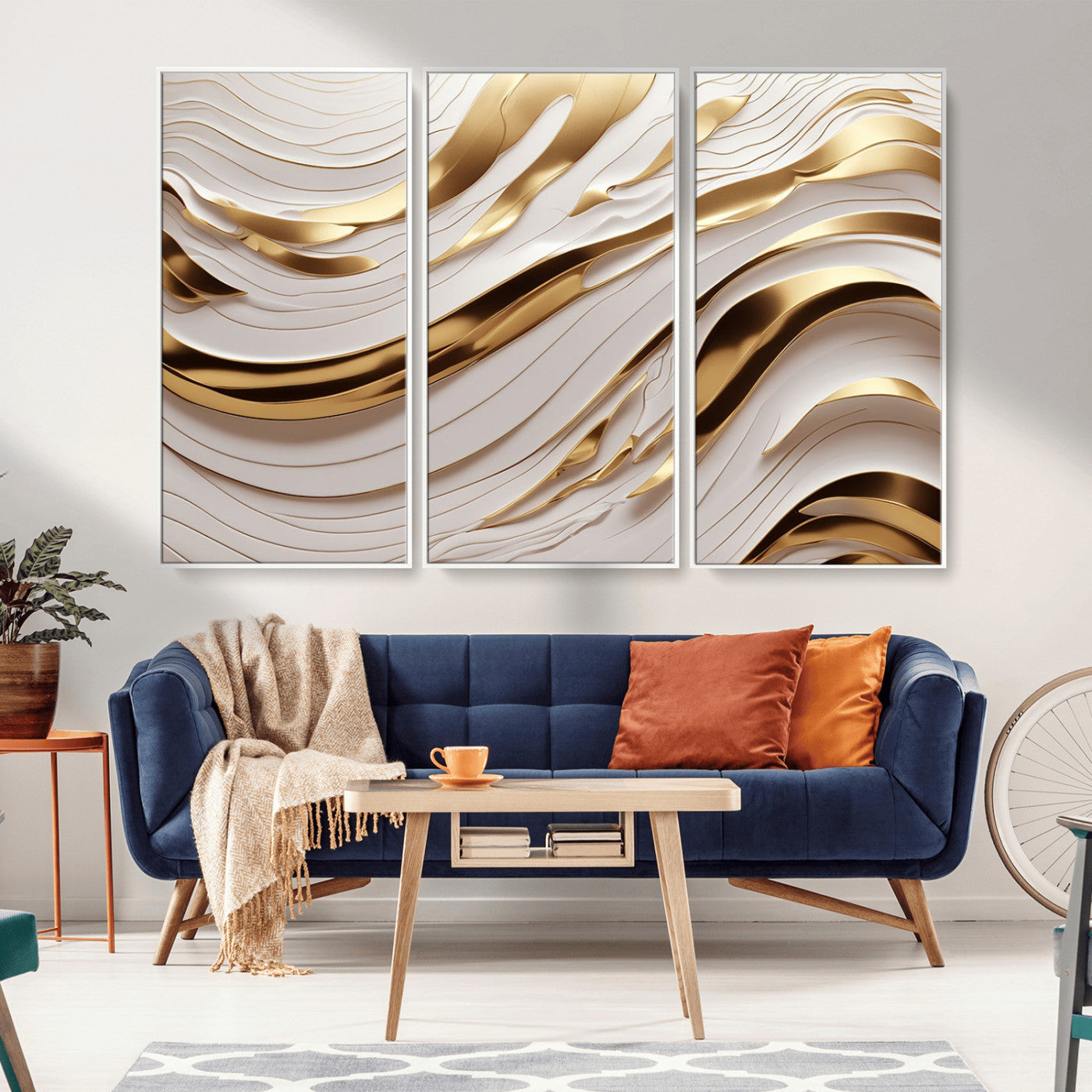 81197-MGV-CV-36X24-Gold and White Abstract Wave Canvas – Elegant Flowing Design with Luxurious Golden Accents –