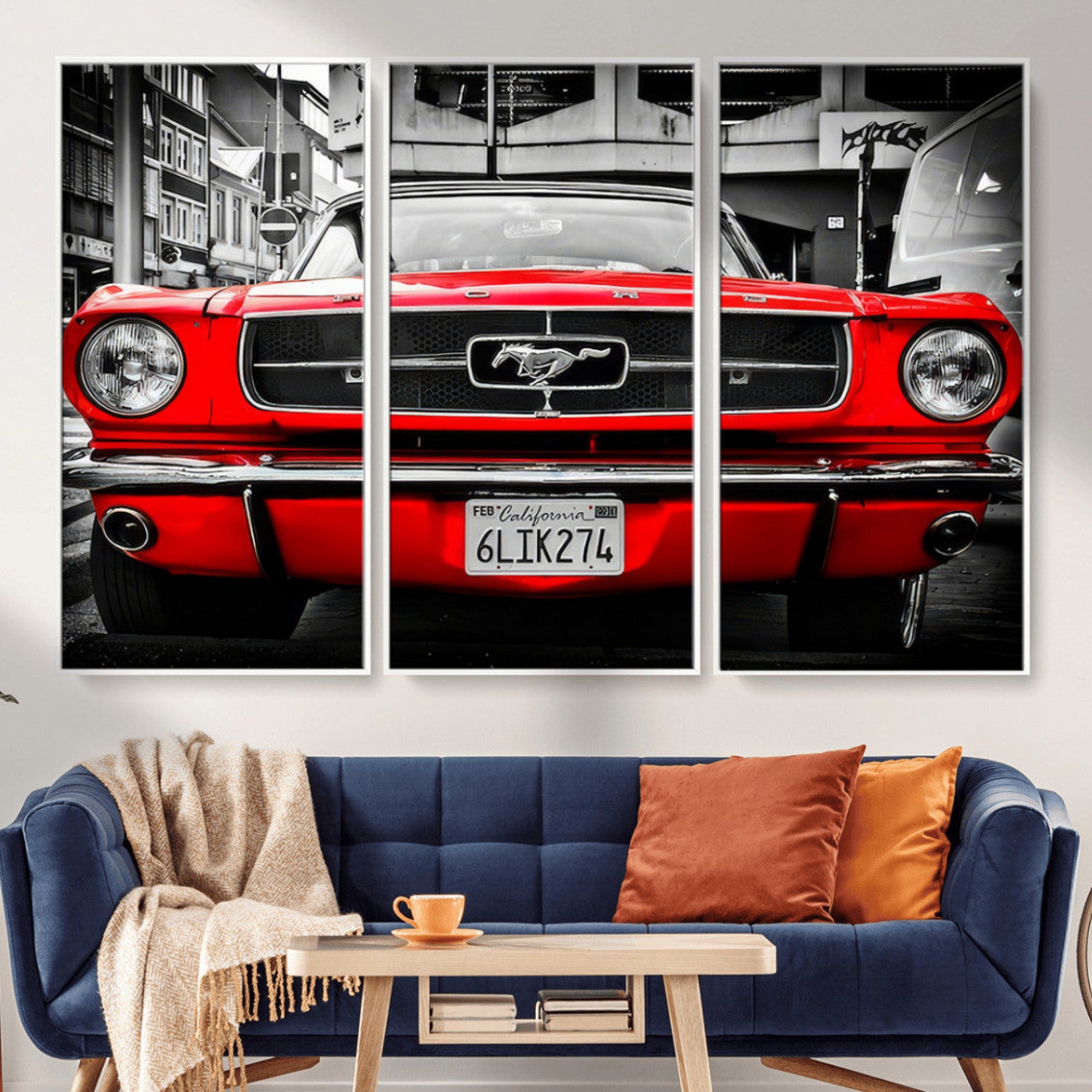 20365-MGV-FC-48X32-3P-Red Mustang Car Wall Art – Framed Classic Vehicle Canvas Artwork, Black White Urban Design, Decor for Home, Office