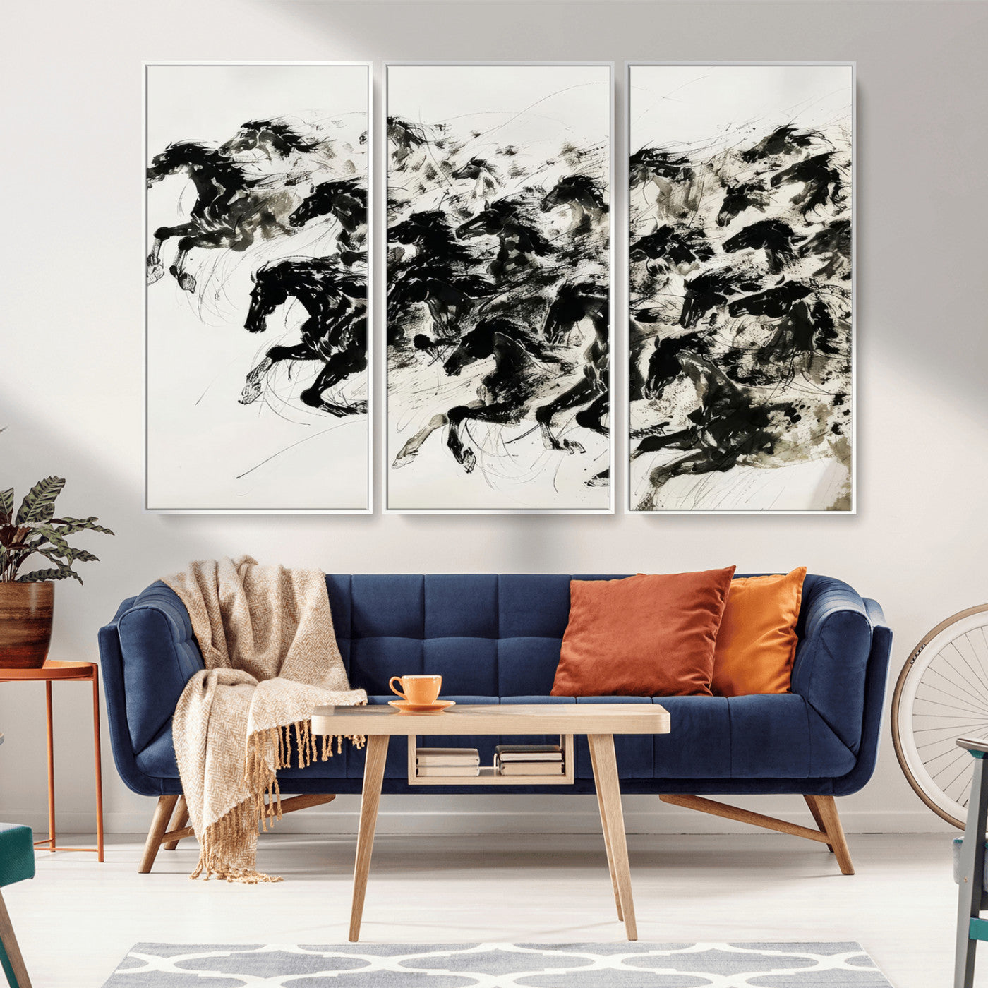 MGV-FC-48X32-3P - Abstract Horse Wall Art Canvas Print - Dynamic Black Ink Horse Print - Modern Equine Wall Decor for