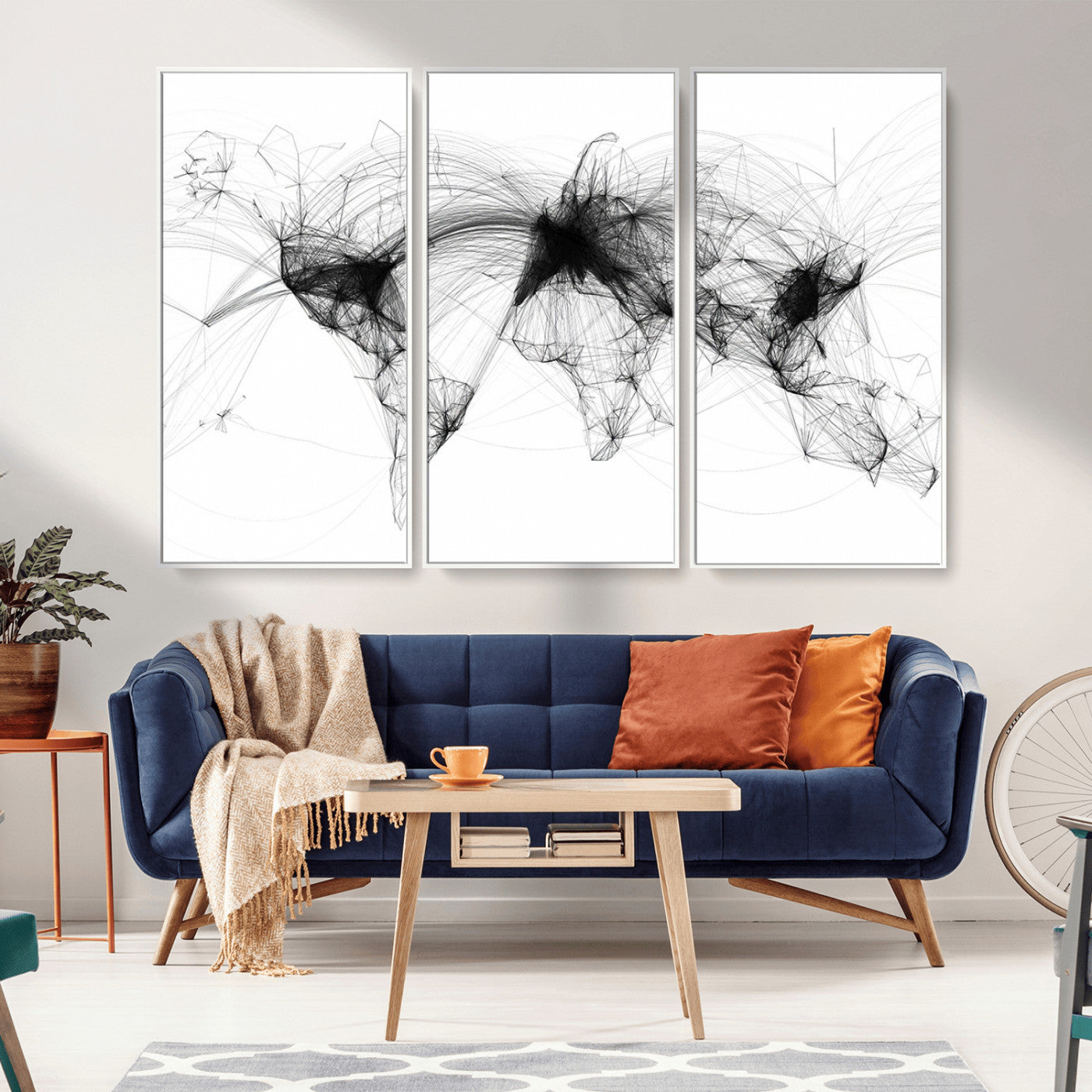 50136-MGV-CV-36X24-Abstract World Map Wall Art – Framed Geometric Line Canvas Artwork, Modern Global Design, Contemporary Decor for Home, Office