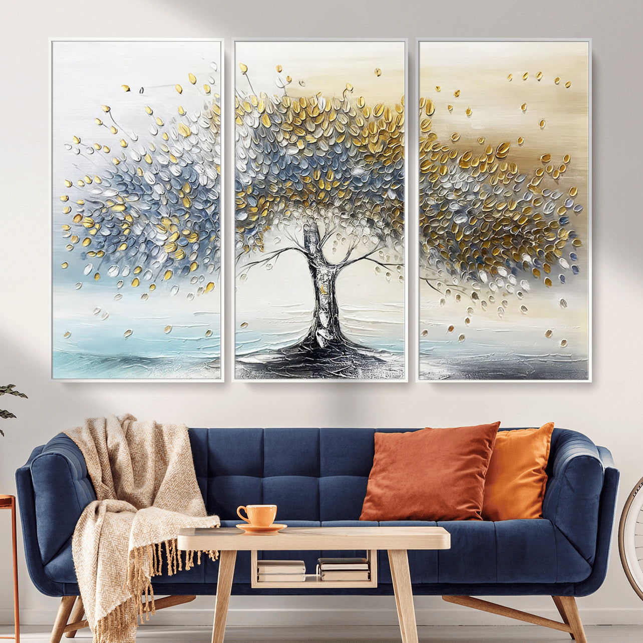 MGV-FC-48X32-3P - Golden & Silver Tree of Life Wall Art – Canvas Print with Whimsical Leaves Elegant Nature Design, Decorative Home, Office or Guest Room Decor