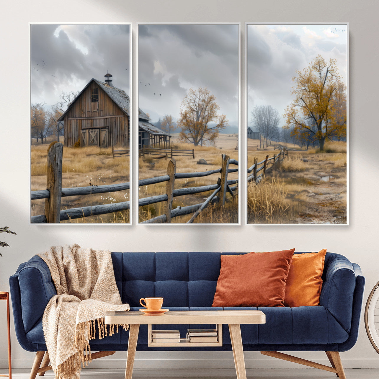Farm1-MGV-CV-36X24 - Rustic Autumn Farmhouse Wall Art Canvas Print – Serene Countryside Scene with Weathered Barn and