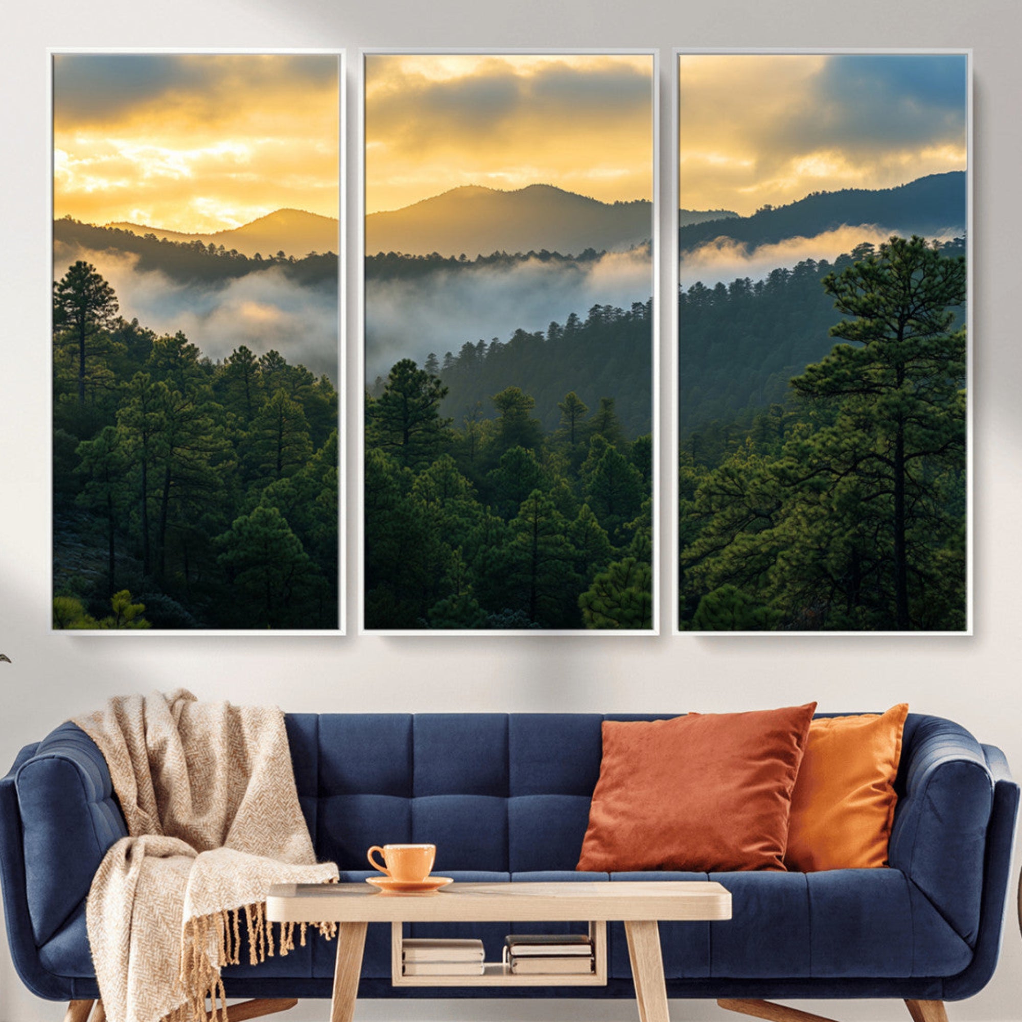 Canvas of misty pine-covered mountains at sunrise, featuring golden light and fog layers, ideal for tranquil earthy home decor.