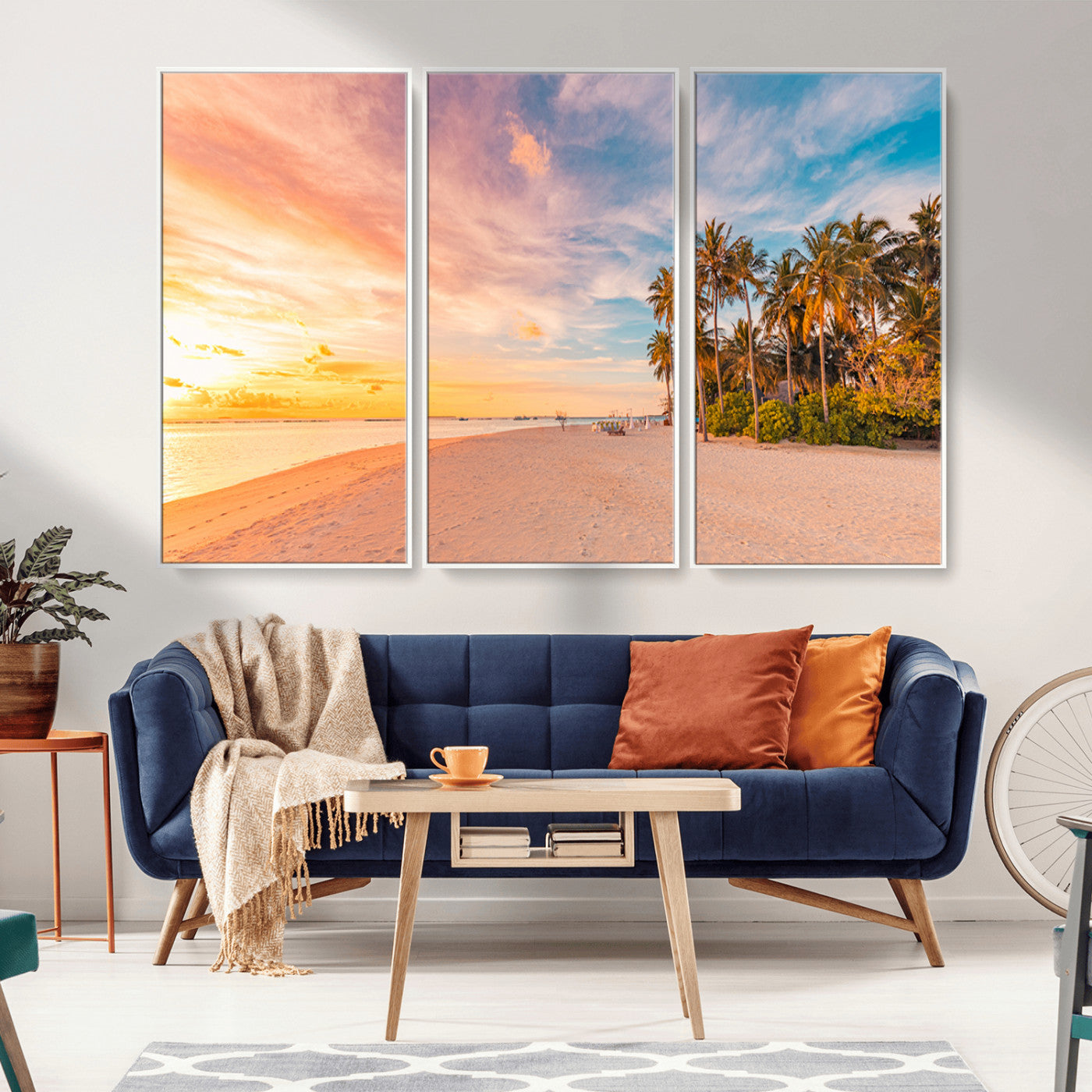 Tropical beach canvas with palm trees and soft sunset tones, ideal for coastal or beach-style home décor in warm pastel hues.