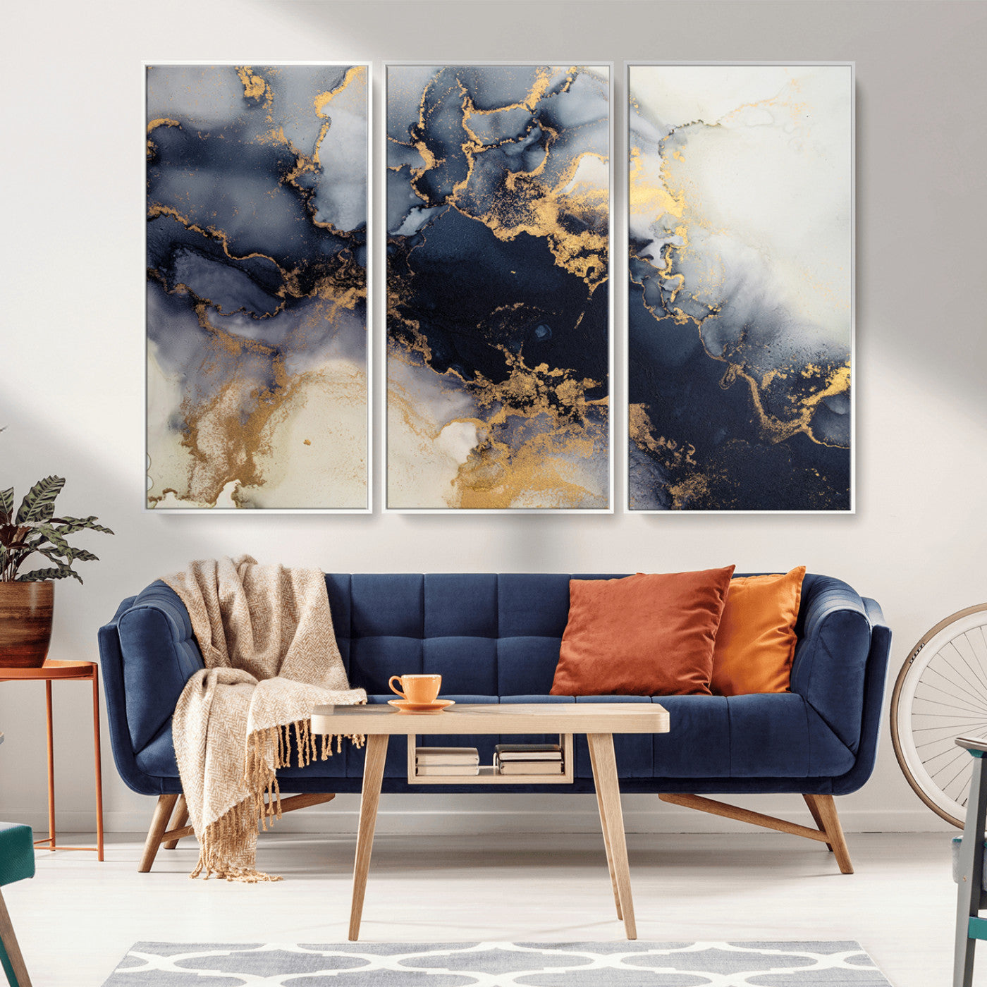 41136487-MGV-FC-48X32-3P_White-Black Marble Wall Art Canvas Print – Framed Abstract Gold Veins Elegant Luxury Design Decor for Home, Office