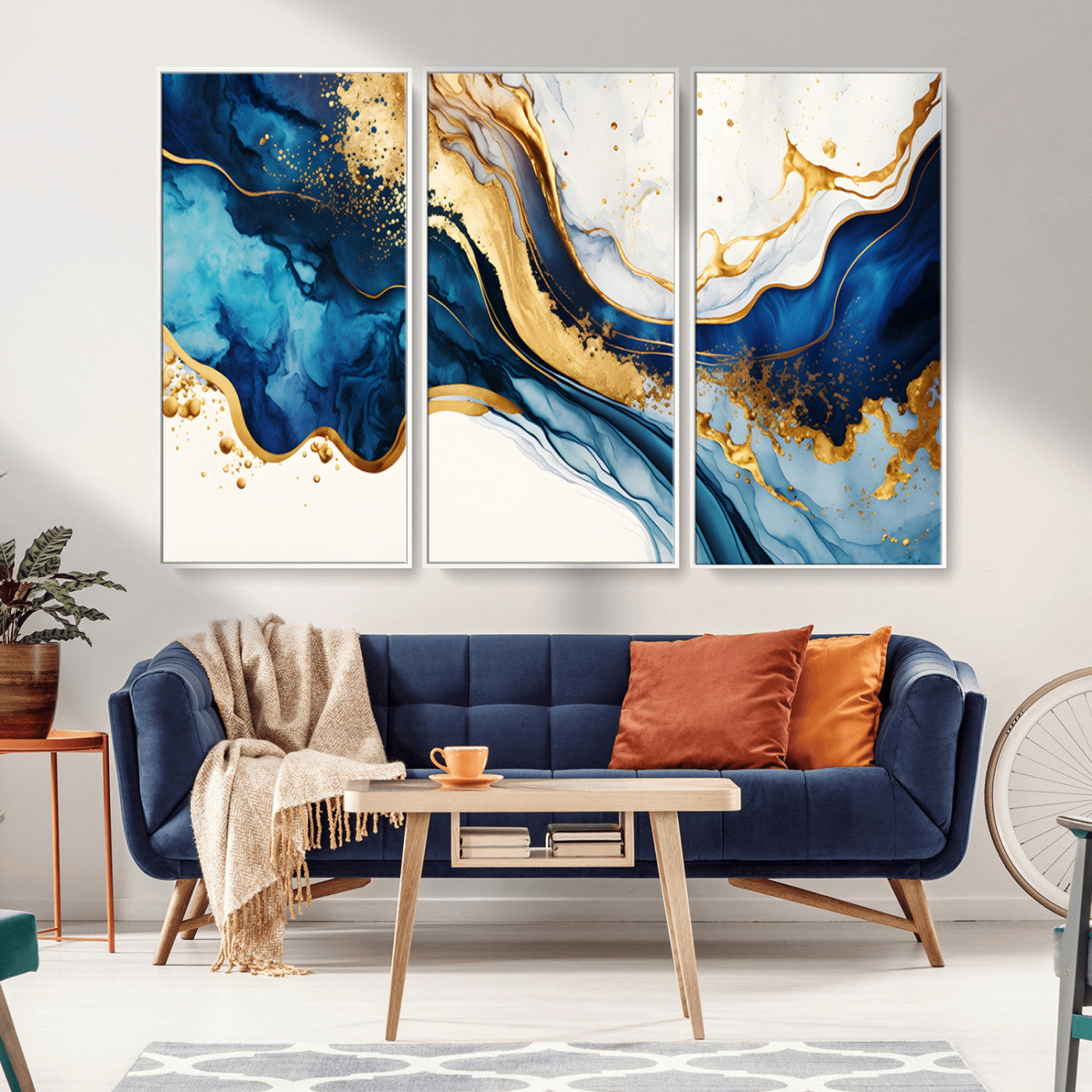 60283636-MGV-FC-48X32-3P_White-Blue Gold Flow Wall Art Canvas Print – Framed Marble Design Elegant Splash Abstract Artwork for Home, Office