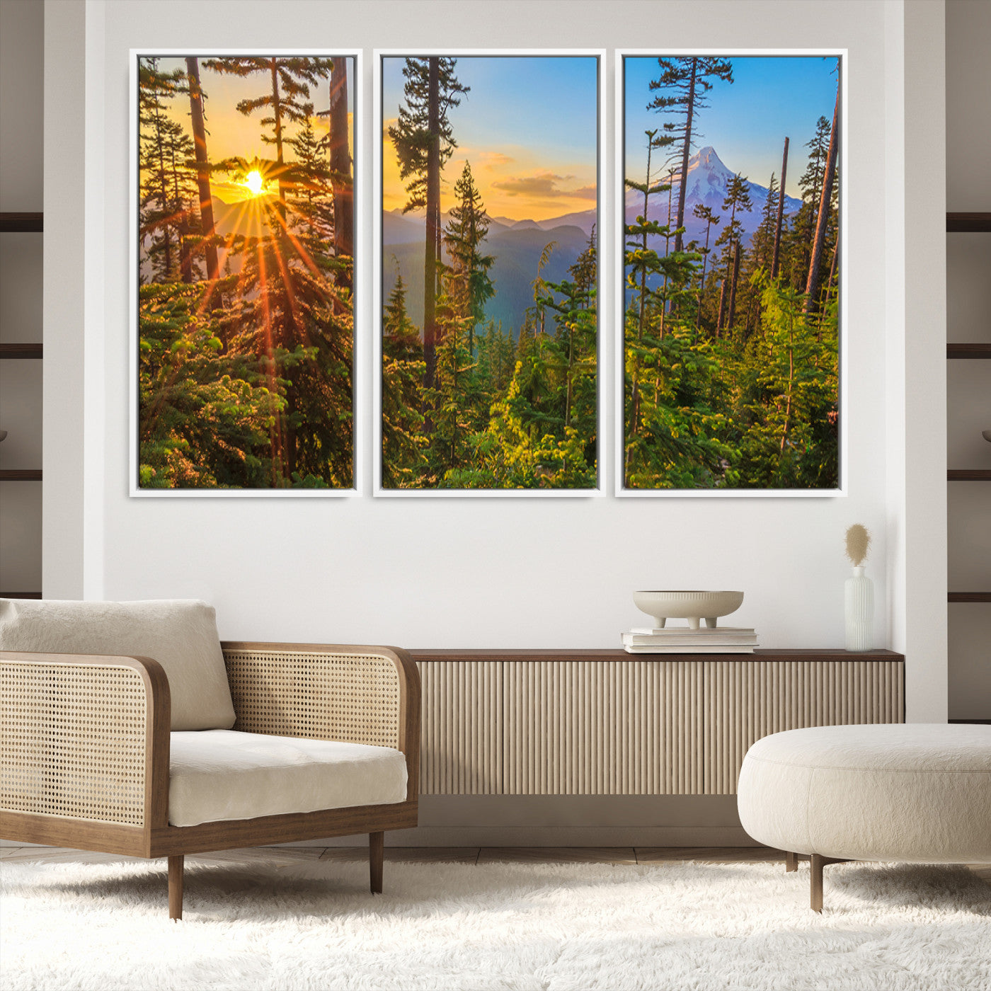 83544043-MGV-FC-48X32-3P-Forest Sunset Wall Art Canvas Print, Framed Sunset Trees Art Picture Print, Green Pines Perfect