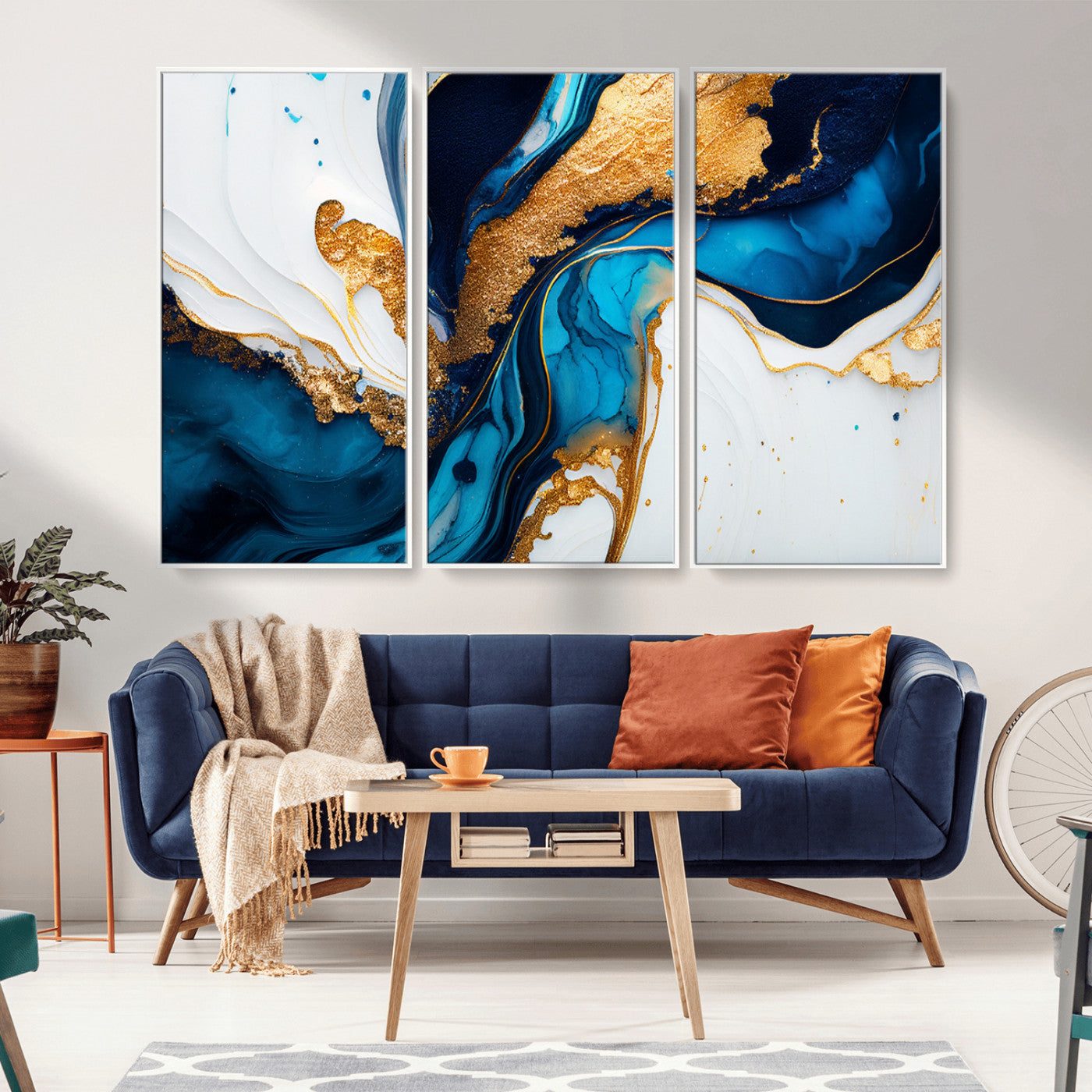 14107569-MGV-FC-48X32-3P_White-Gold Blue Abstract Wall Art Canvas Print, Elegant Navy and Gold Marble Flow Design Artwork for Home, Office