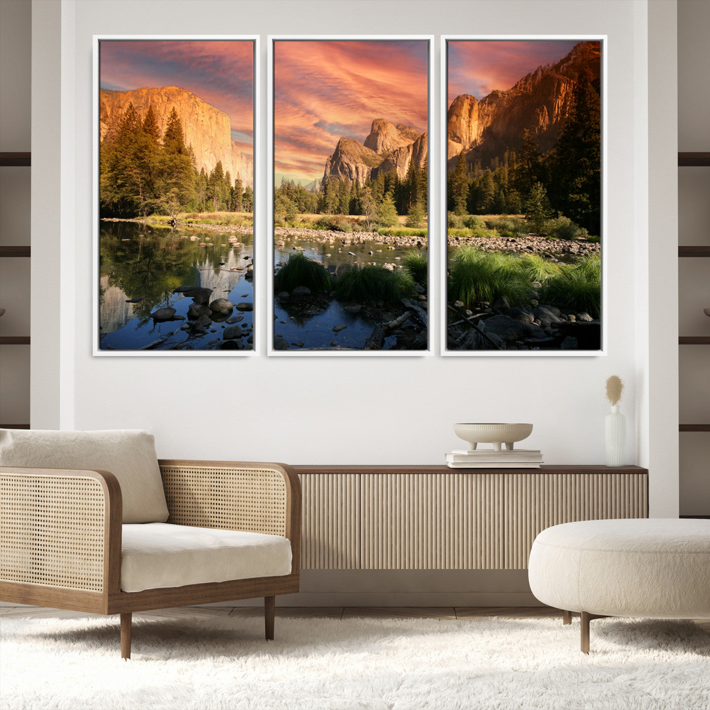 31199457-MGV-FC-48X32-3P-Yosemite Valley Canvas Wall Art, Framed El Capitan Art Picture Print, Sunset Sky Perfect Vibrant