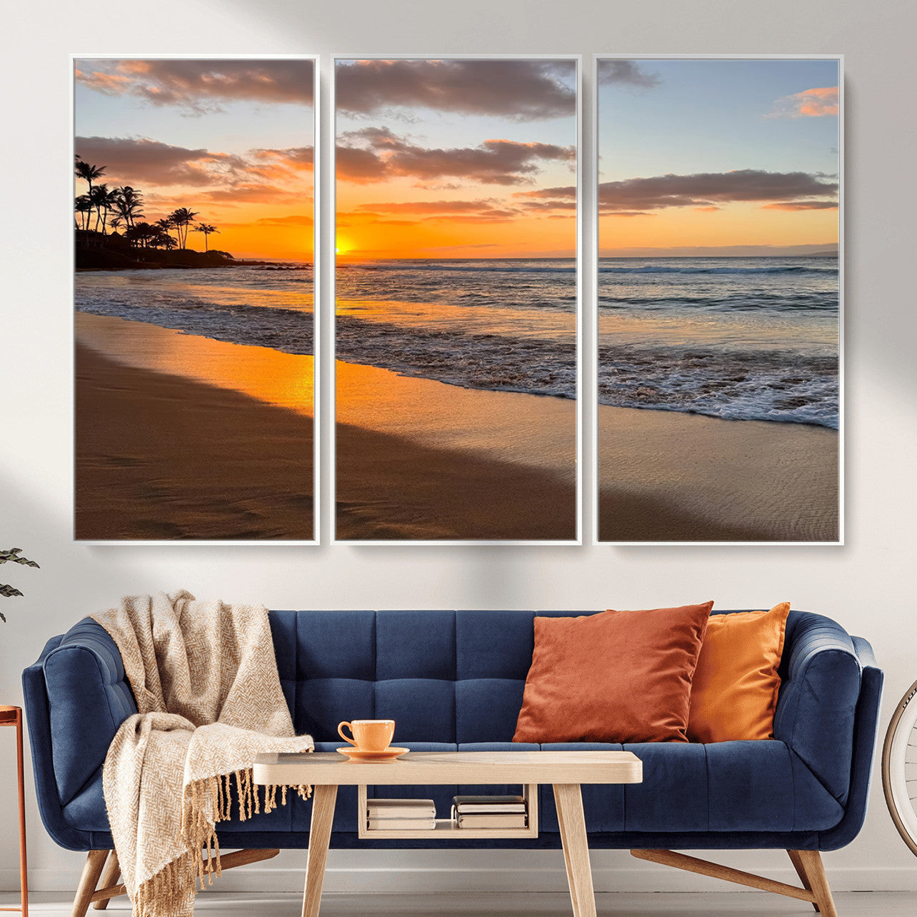 MGV-FC-48X32-3P - Sunset Glow Wall Art – Canvas Print of Ocean Breeze, Golden Sand, Tropical Palm Silhouettes, Tranquil Waves, Beach Nature Decor for Home