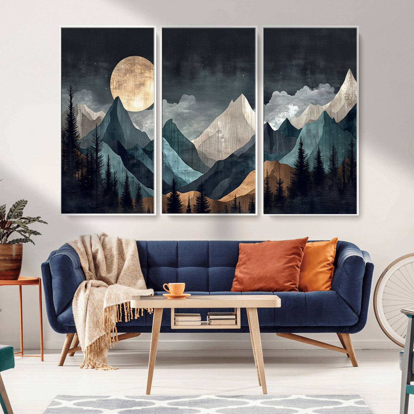 11060882-MGV-CV-36X24-Moonlit Mountain Wall Art Canvas Print – Silhouetted Pines Layered Peaks Tranquil Sky Mist Silver Light Nature Artwork for Home