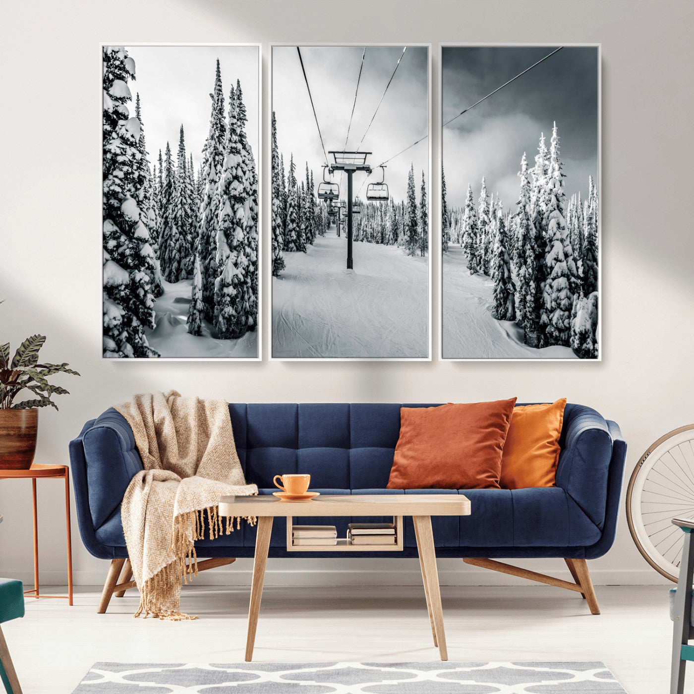 31156828-MGV-CV-36X24-Snowy Pines Wall Art Canvas Print – Framed Ski Lift Winter Forest Snowy Landscape Moody Lodge Artwork for Home, Office