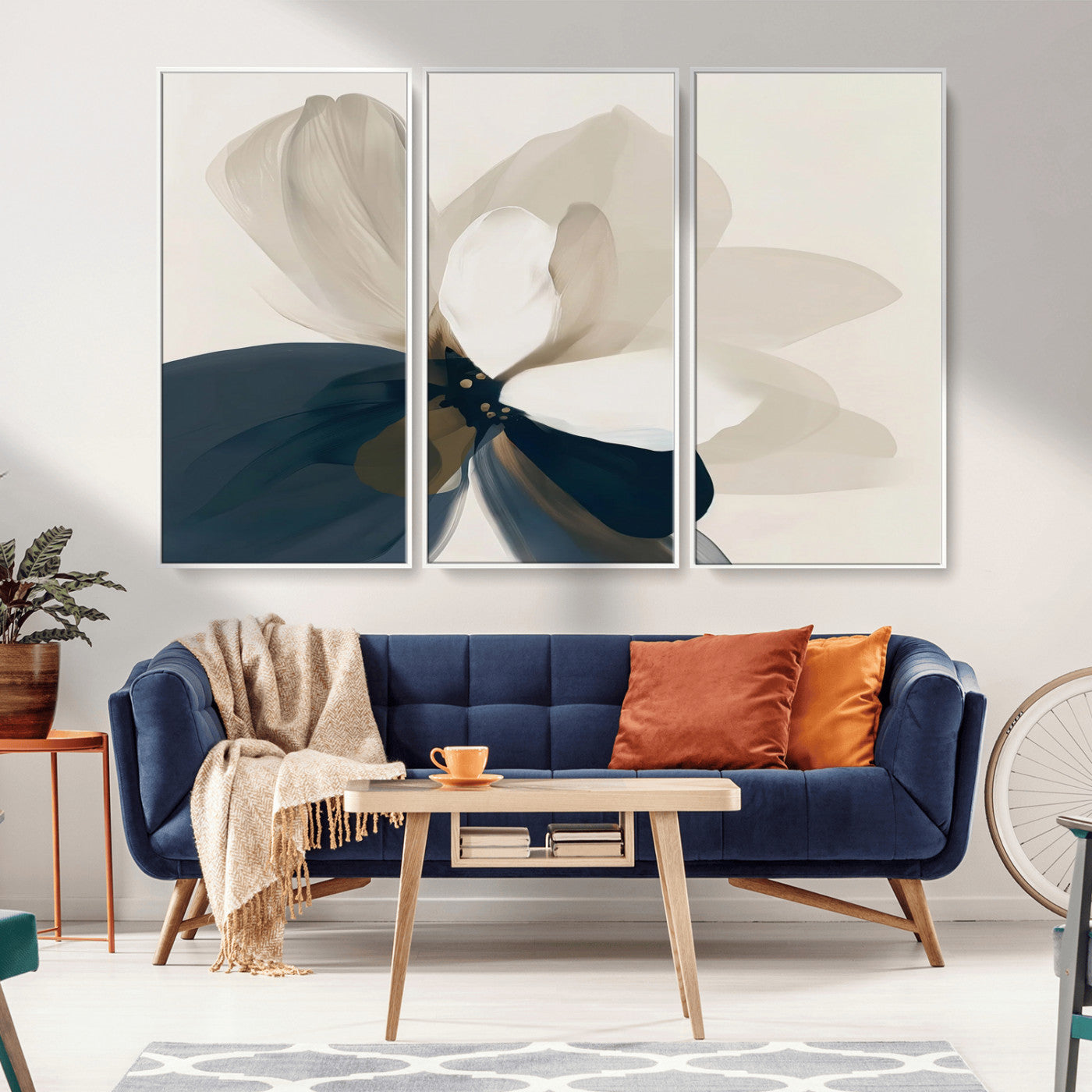 -Minimal Flower Wall Art Canvas Print, Framed Flower Drawing Art Picture Print, Beige Bloom Perfect Modern Botanical Decor Artwork