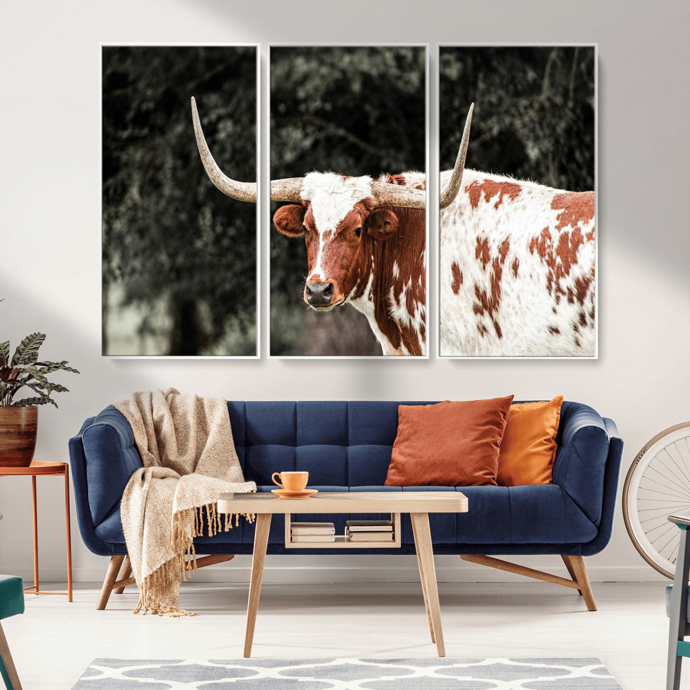 -Texas Longhorn Wall Art Canvas Print, Framed Spotted Cow Art Picture Print, Horned Bull Perfect Rustic Western Decor Artwork